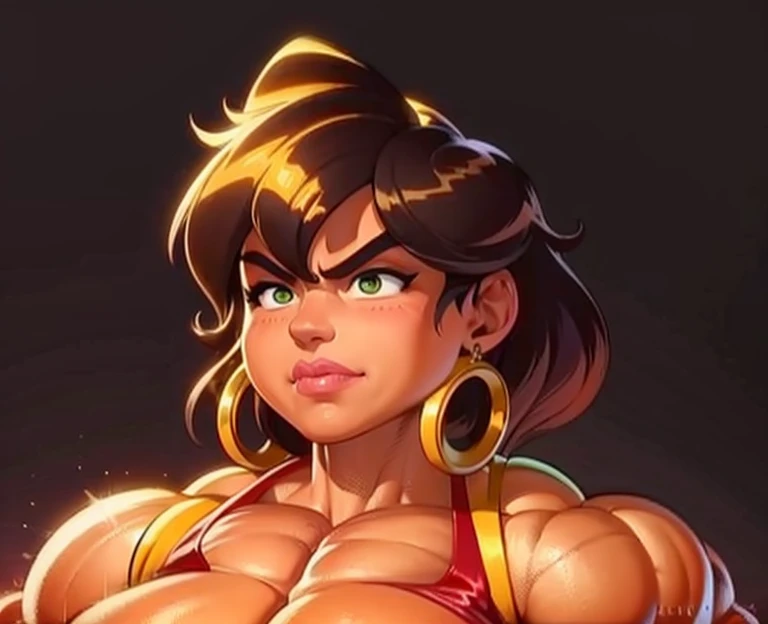 muscle woman with brunette hair wearing green bikini flexing massive muscles, most muscular pose, woman with huge muscles, stern expression, green eyes, angry expression