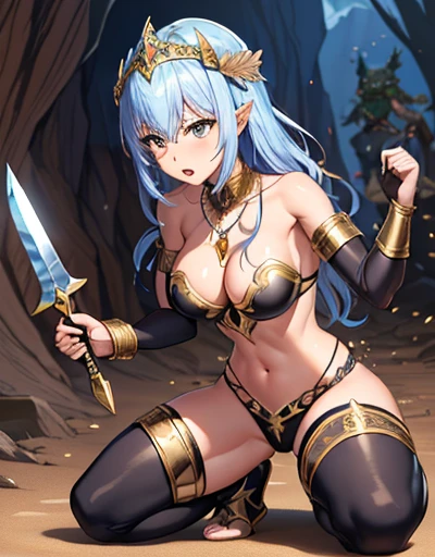 1 adult,25 years old,(The female paladin is surrounded and attacked by 3 goblins),(Eros Fairy),((Ornate Paladin Armor,Arm guards,Leggings,Holding a dagger and a small shield)),dynamic poses,Dynamic angle,cave,(Kneeling weakly),(cry,angry),navel,Big breasts,(Gorgeous necklace,jewelry, bracelet)