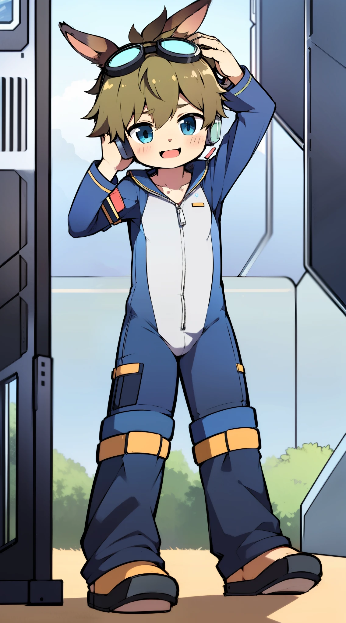 2D Boy Shota,One-piece mountaineering suit,Slim, healthy body,Put the headphones on your head,stand up,goggles,Rabbit ears,happy,sailor collar,tie,zipper,short sleeves