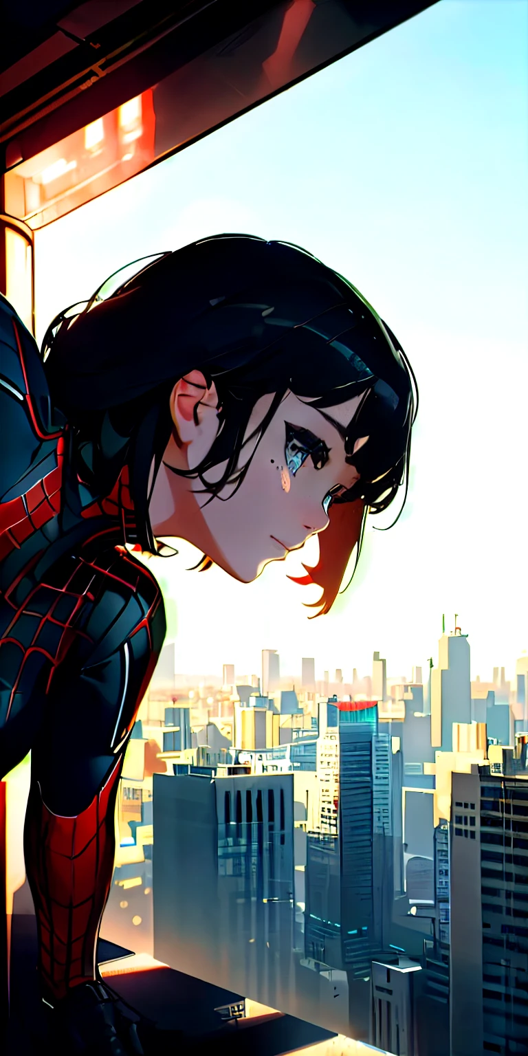 (1girl:1.3), Solo, (((Very detailed face)))), ((Very detailed eyes and face)))), Beautiful detail eyes, Body parts__, Official art, Unified 8k wallpaper, Super detailed, beautiful and beautiful, beautiful, masterpiece, best quality, original, masterpiece, super fine photo, best quality, super high resolution, realistic realism, sunlight, full body portrait, amazing beauty, dynamic pose, delicate face, vibrant eyes, (from the front), She wears Spider-Man suit, red and black color scheme, spider, very detailed city roof background, rooftop, overlooking the city, detailed face, detailed complex busy background, messy, gorgeous, milky white, highly detailed skin, realistic skin details, visible pores, clear focus, volumetric fog, 8k uhd, DSLR, high quality, film grain, fair skin, photo realism, lomography, futuristic dystopian megalopolis, translucent