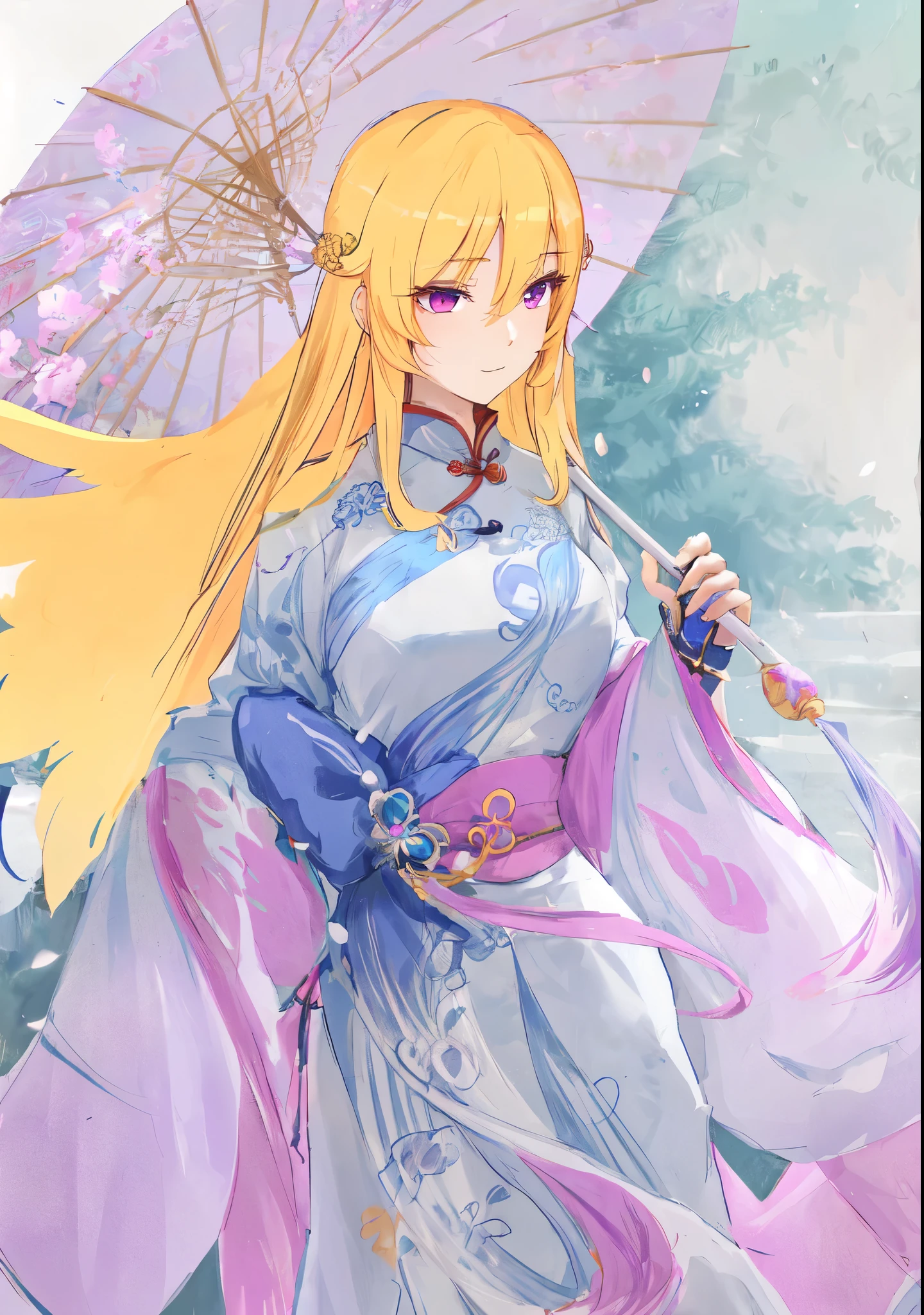 anime girl,long blond hair,wearing blue dress,holding an umbrella, anime goddess, ((Wearing noble robes)), from desire, Flowing Chinese Robe, ((beautiful fantasy queen)), wearing nice clothes, eager character, anime princess, 金发碧眼的long hairanime girl,Rina Nagikiri,Three Kingdoms style,Dynasty Warriors,antiquity,Chinese style,Chinese ancient costume,long hair,holding an umbrella,purple eyes,eyelash