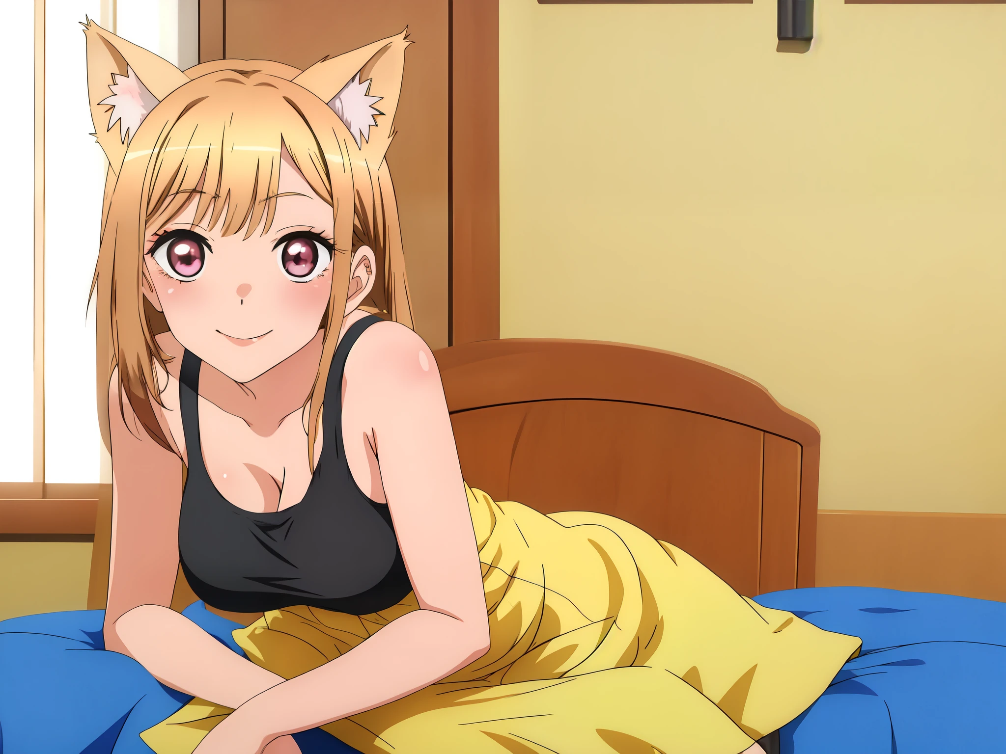 very bright and clear color ,Marin Kitagawa cat ears- My Dress-Up Darling A cute anime girl with big breasts , black tank top, looking straight at camera , natural sagging breast ,cute cat pose anime girl