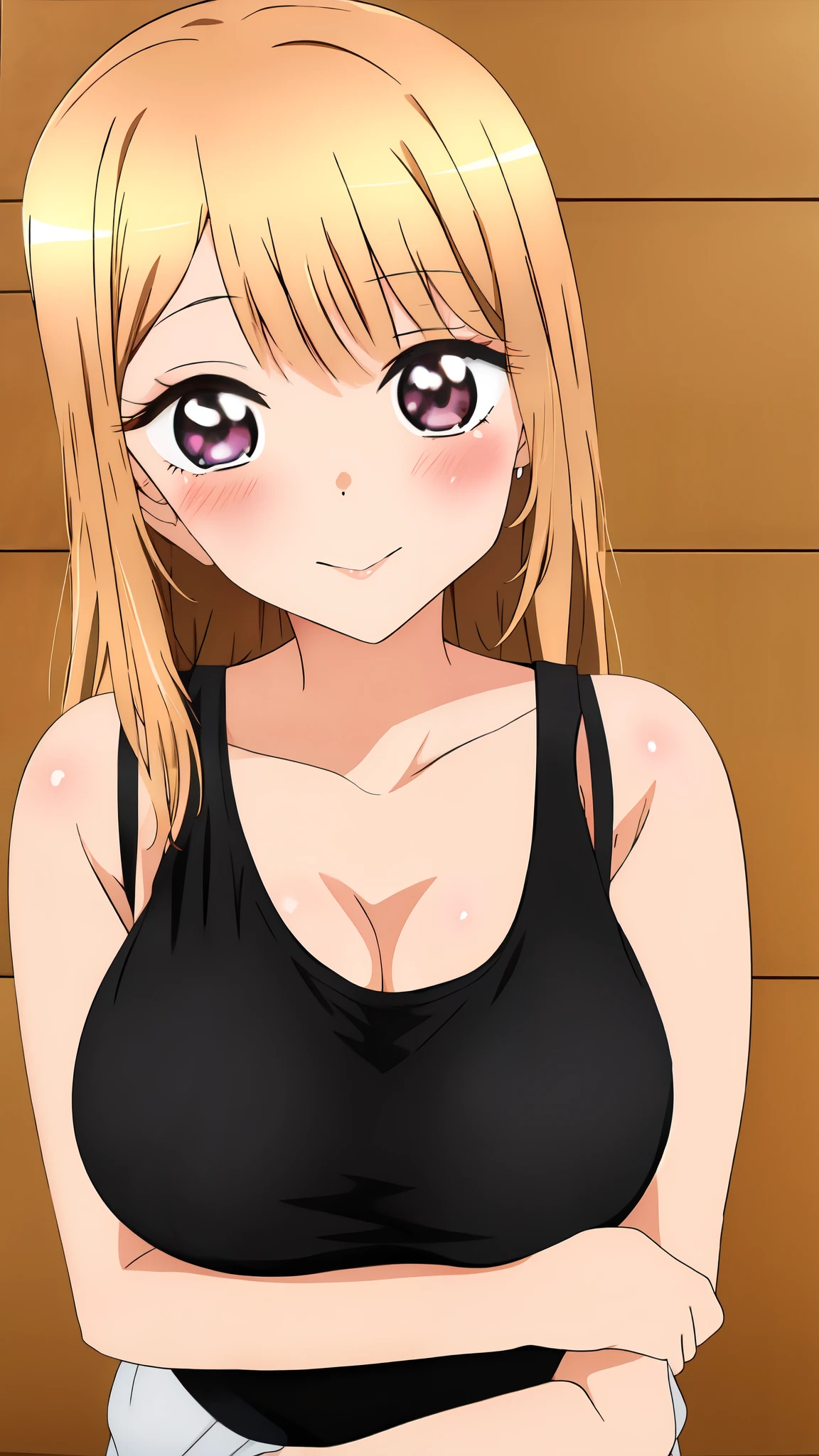 very bright and clear color ,Marin Kitagawa - My Dress-Up Darling A cute anime girl with big breasts , black tank top, looking straight at camera , natural sagging breast ,cute 