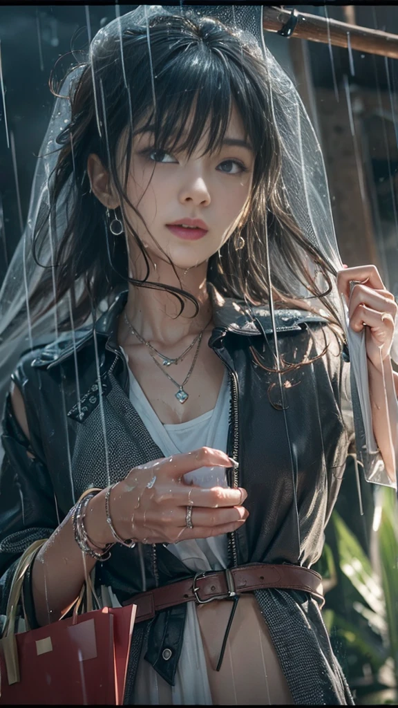 ((Low angle shooting:1.5)), (Photoreal:1.4, 8K, highest quality:1.3, masterpiece, ultra high resolution), ((Typhoon heavy rain)), Highly detailed skin and facial textures:1.3, perfect dynamic composition:1.2, (Modern city at night, In front of the supermarket at night, expression of sadness:0.7), (go up the stairs:0.7, View from directly below:0.7), Slim office lady wet in the rain:1.2, Fair skin:1.2, sexy beauty:1.1, perfect style:1.1, beautiful and aesthetic:1.1, very beautiful face:1.2, water droplets on the skin, (rain drips all over my body:1.2, wet body:1.2, wet hair:1.3), (Holding a wet shopping bag:1.2, Wet long skirt:1.2, Wearing wet casual clothes:1.3), belt, (Medium chest, bra is see-through, Chest gap),  (Big eyes that exude beautiful eroticism:0.8, adult charm:0.8, Bewitching:0.8), necklace, earrings, bracelet, wedding ring, Highly detailed and accurate hand and finger representation