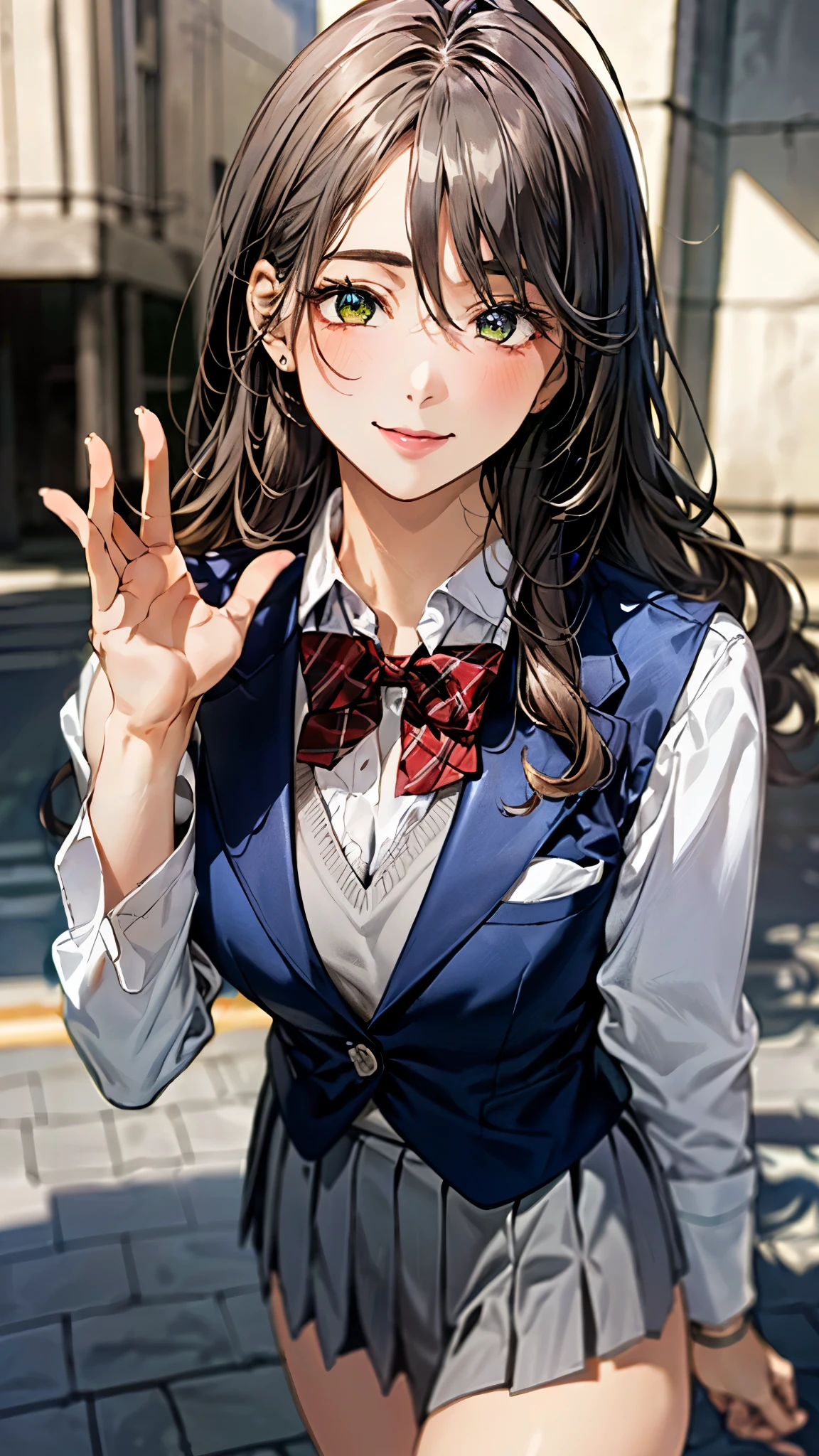 (masterpiece:1.3, top-quality, ultra high res, ultra detailed), (realistic, photorealistic:1.4), beautiful illustration, perfect lighting, natural lighting, colorful, depth of fields, surrealism,
beautiful detailed hair, beautiful detailed face, beautiful detailed eyes, beautiful clavicle, beautiful body, beautiful chest, beautiful thigh, beautiful legs, beautiful fingers,
looking at viewer, 1 girl, japanese, high school girl, (perfect anatomy, anatomically correct), cute and symmetrical face, babyface, perfect face, perfect eyes, shiny skin, slender,
(long hair:1.7, wavy hair:0.8, brown hair), antenna hair, hair between eyes, emerald green eyes, long eye lasher, (large breasts:0.8, seductive thighs),
(((blue gray long sleeve blazer), light gray vest , light gray box pleated skirt, red bow tie)),
(beautiful scenery), summer, evening, (school), waving right hand, (lovely smile, upper eyes),