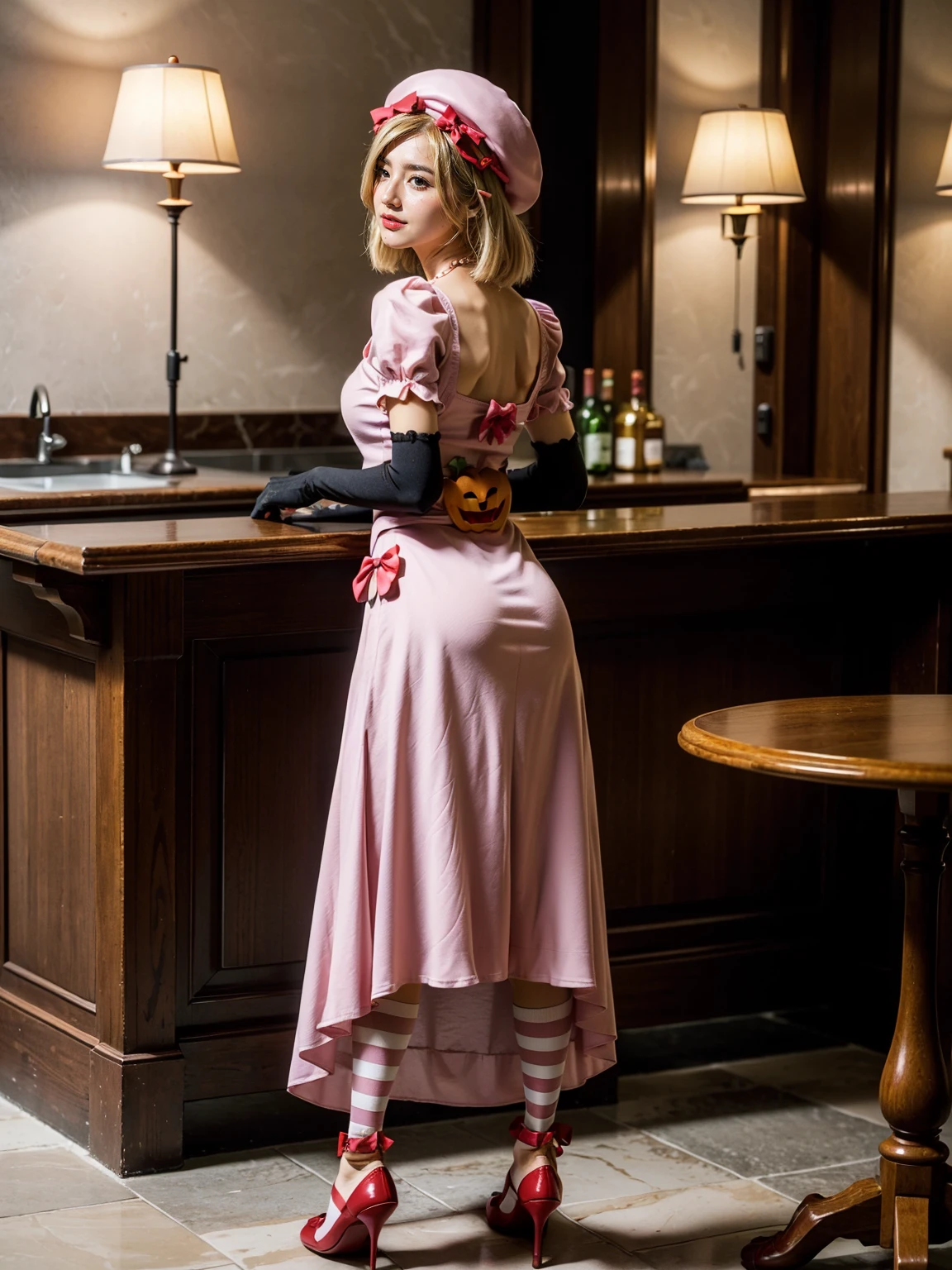 (1 lady), The beautiful, (Best quality at best:1.4), (ultra - detailed), (extremely detailed CG unified 16k), gold blonde hair, very detailed, High-definition RAW color photo, professional photoshooting, amazing face and eyes, cosmetics, (amazingly beautiful girl), ((lambdadelta)), ((dress, shoes bow, red shoes, striped stockings, red bow, pink hat, necklace, gloves, pearl, pumpkin brooch, pink dress)), standing, sexyposture,(Dark and stylish bar, drinks, lamp lights, lamp lights:1.3), (look from down), realistic cinematic face, head to feet long wide zoomed out view, full body long view, photorealistic, ((realistic natural blonde hair style, honey eyes)), gorgeous, extremely beautiful face, perfect model beauty, pout mouth, flirting smile, cleavages, city girl, western, shopping in the city, (masterpiece), best quality, high resolution, extremely detailed, blurred background, depth of field, cinematic lighting, amazing legs, high heels, clear and well-cared skin, from behind, nice ass,