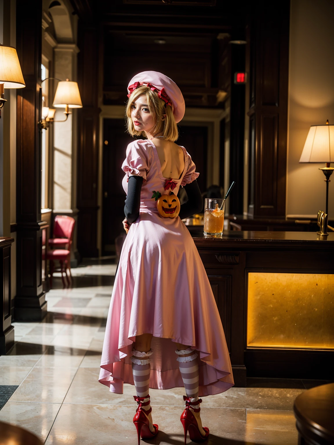 (1 lady), The beautiful, (Best quality at best:1.4), (ultra - detailed), (extremely detailed CG unified 16k), gold blonde hair, very detailed, High-definition RAW color photo, professional photoshooting, amazing face and eyes, cosmetics, (amazingly beautiful girl), ((lambdadelta)), ((dress, shoes bow, red shoes, striped stockings, red bow, pink hat, necklace, gloves, pearl, pumpkin brooch, pink dress)), standing, sexyposture,(Dark and stylish bar, drinks, lamp lights, lamp lights:1.3), (look from down), realistic cinematic face, head to feet long wide zoomed out view, full body long view, photorealistic, ((realistic natural blonde hair style, honey eyes)), gorgeous, extremely beautiful face, perfect model beauty, pout mouth, flirting smile, cleavages, city girl, western, shopping in the city, (masterpiece), best quality, high resolution, extremely detailed, blurred background, depth of field, cinematic lighting, amazing legs, high heels, clear and well-cared skin, from behind, nice ass,