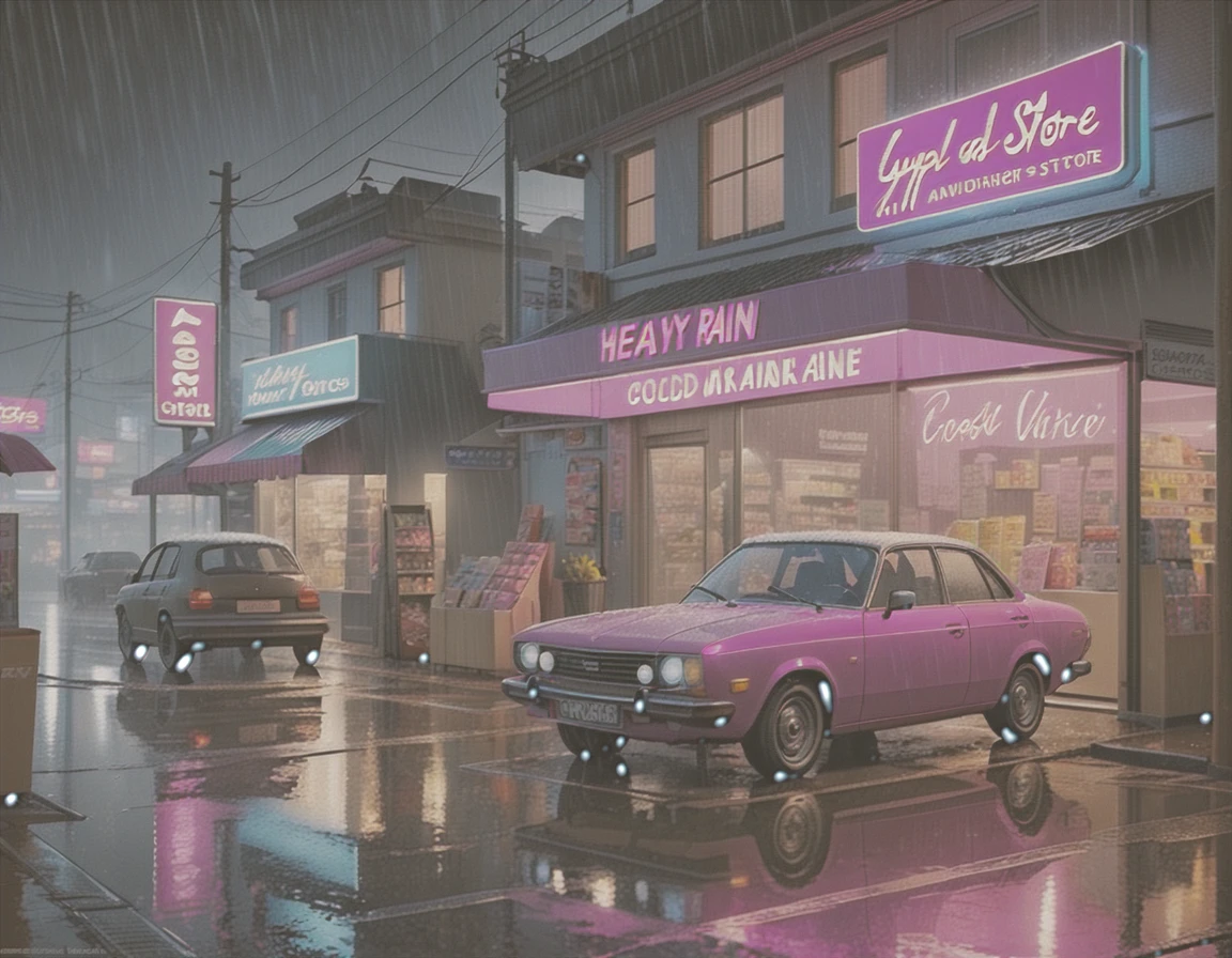 general shot, ((large midnight convenience store from another world, another planet, futuristic, with aliens buying: 1.5)), (town, street at midnight, wind: 1.3, flying papers: 1.3, puddles of water in the streets:1.3, car parking, ((sign with text, "24 hour store" in neon magenta:1.3)), old cars, street lamps lighting, heavy rain, dark and cold night:1.3), masterpiece, hyper realistic, highly detailed and well defined, award-winning image, beautiful photography, CG K: 1.4, 8k