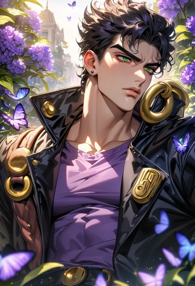 absurdres, highres, ultra detailed, HDR, masterpiece, Jotaro Kujo, black hair, expressive green eyes, jojo bizarre adventure, black leather coat, purple shirt, 1man, handsome, extremely detailed, garden, purple flowers, purple petals, purple butterflies