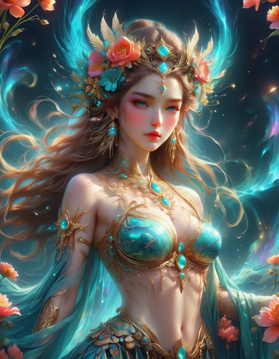 There was a beautiful lady holding a sword, fair and smooth skin, Flowers bloom, It is beautiful and delicate, Gold ornaments, turquoise decoration, Various gemstones, no clothes, Beautiful flowers, goddess, extremely high detail, Very detailed shot of the goddess, Extremely detailed flower goddess, blue sky, Character background with light rainbow halo, Psychedelic Goddess, Goddess Art, Beautiful digital artwork, beautiful goddess, first-person view, pov, cowboy shot, UHD, masterpiece, ccurate, anatomically correct, textured skin, super detail, best quality, 8k