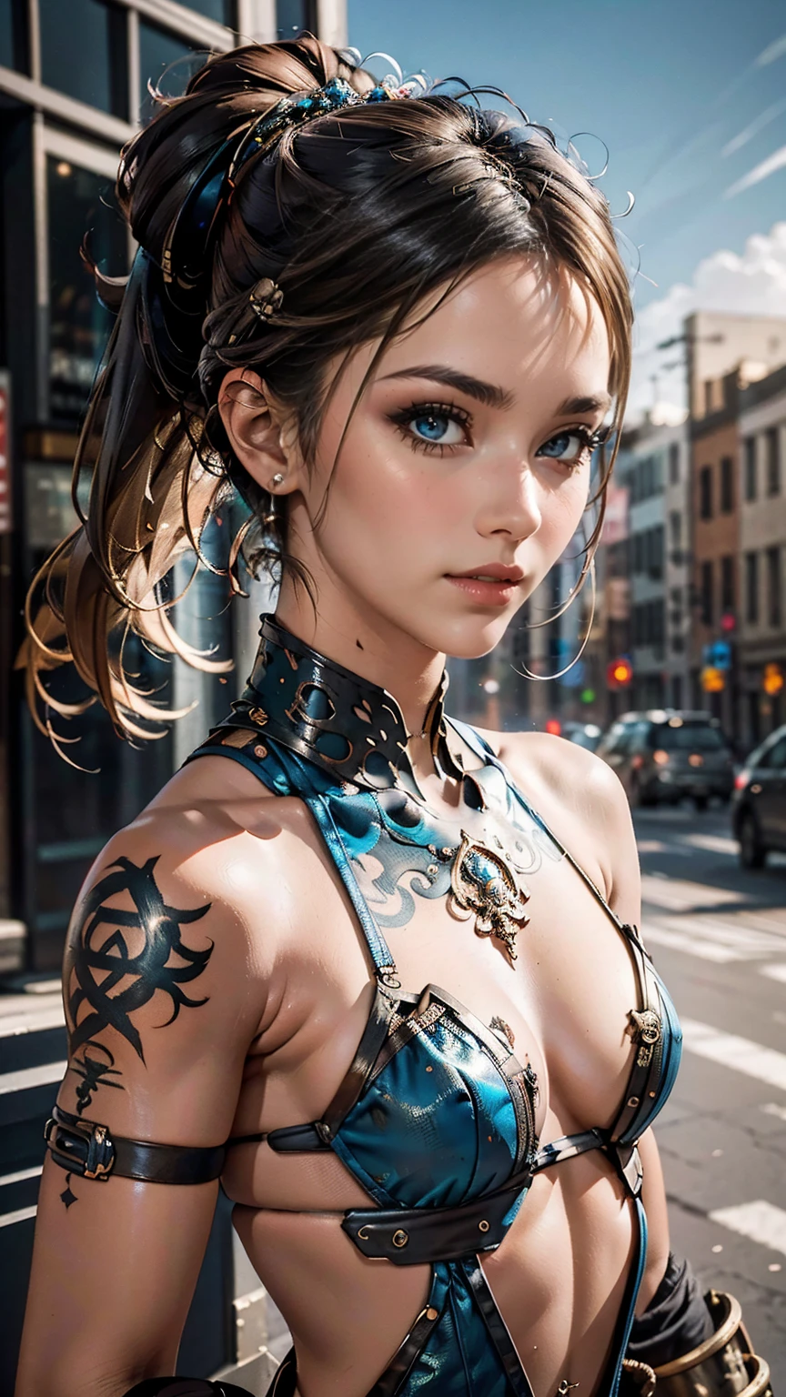 Detailed photo of futuristic beautiful female warrior in dystopian city, Tattered costume with rusted metal armor plates, long wild hair, tattooed arms and body, fashion pose, blue eyes with round irises, detailed face, apocalyptic environment, natural body poses, professional photographer, Photographed with a professional single-lens reflex camera, professional fantasy artist, Professional Rococo and Baroque Background Artist, professional art station artist