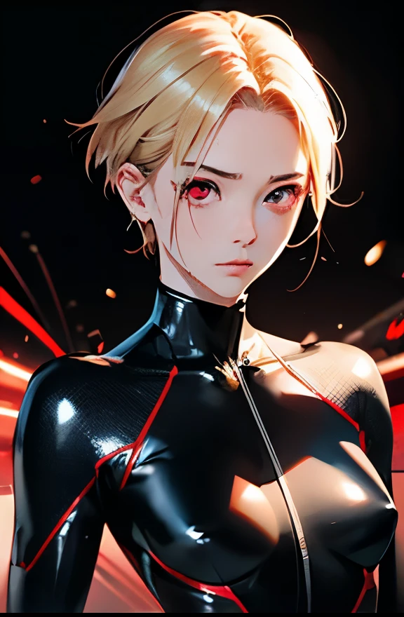 highest quality、realistic、Japanese、girl、zoom、look up、Rin々work、glowing red eyes、short hair、blonde hair、all back、The forehead is out、Black Hero Suit、shiny bodysuit、action pose、Sweat、bust shot、slender、small breasts、