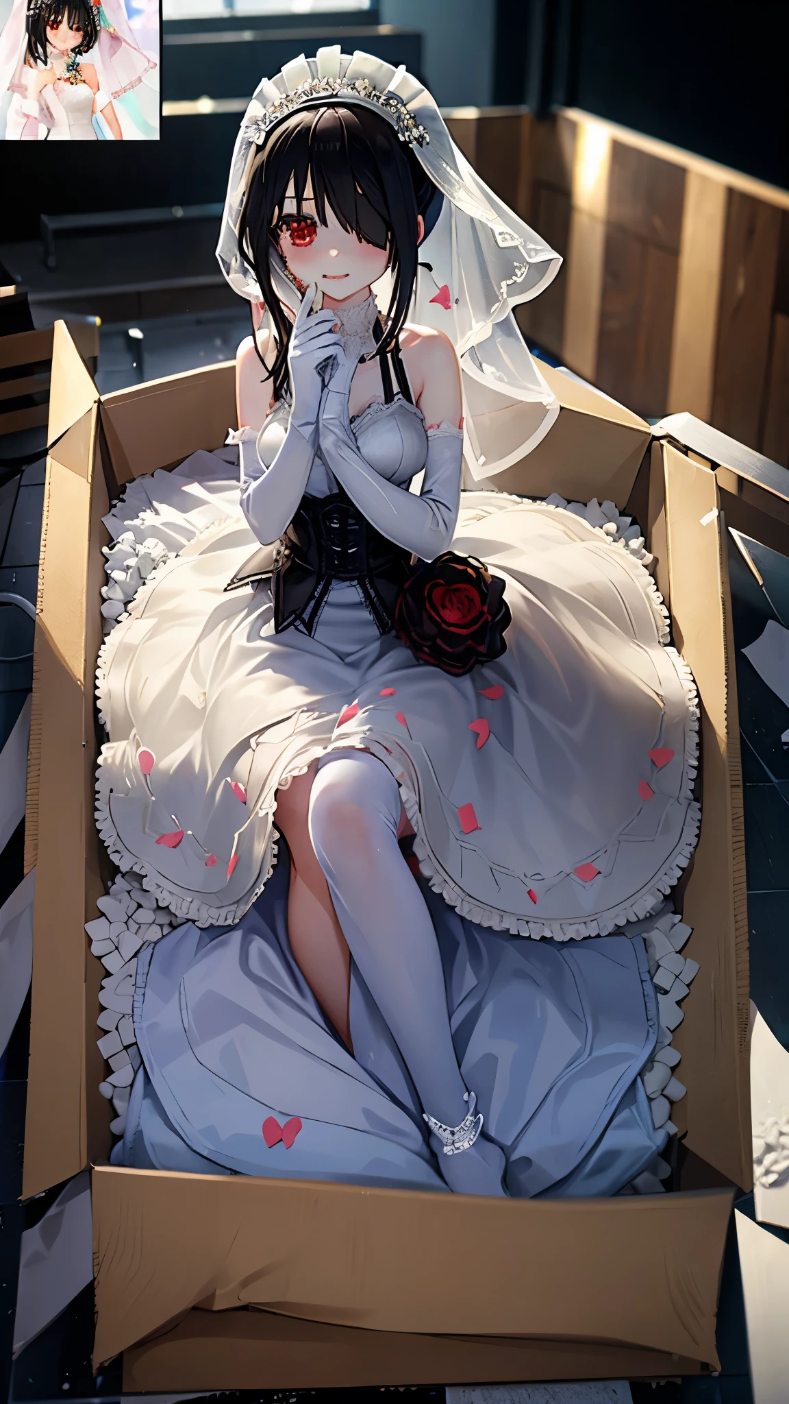 KurumiWedding, hair over one eye, bridal veil, wedding dress, elbow gloves, in_box, nsidebox, boxrelaxed, in box, in container, inside cardboard box, box with packing peanuts, box with doll, various kinds of expressions