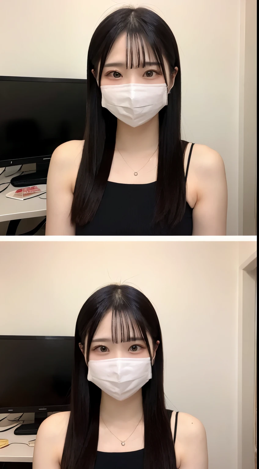 A charming and cozy chat room, small in size but rich in details, featuring a high-quality computer setup, a professional microphone, and sophisticated lighting. The room is occupied by an alluring woman in her mid-20s, characterized by her long, beautiful hair and a white face mask, adding a contemporary and mysterious allure to her appearance. The mask hints at her awareness and adaptation to modern needs. The overall scene is to be captured in the highest quality and resolution, aiming for a masterpiece-like finish (1.3). The ambiance of the room is warm and inviting, perfect for engaging online conversations and interactions