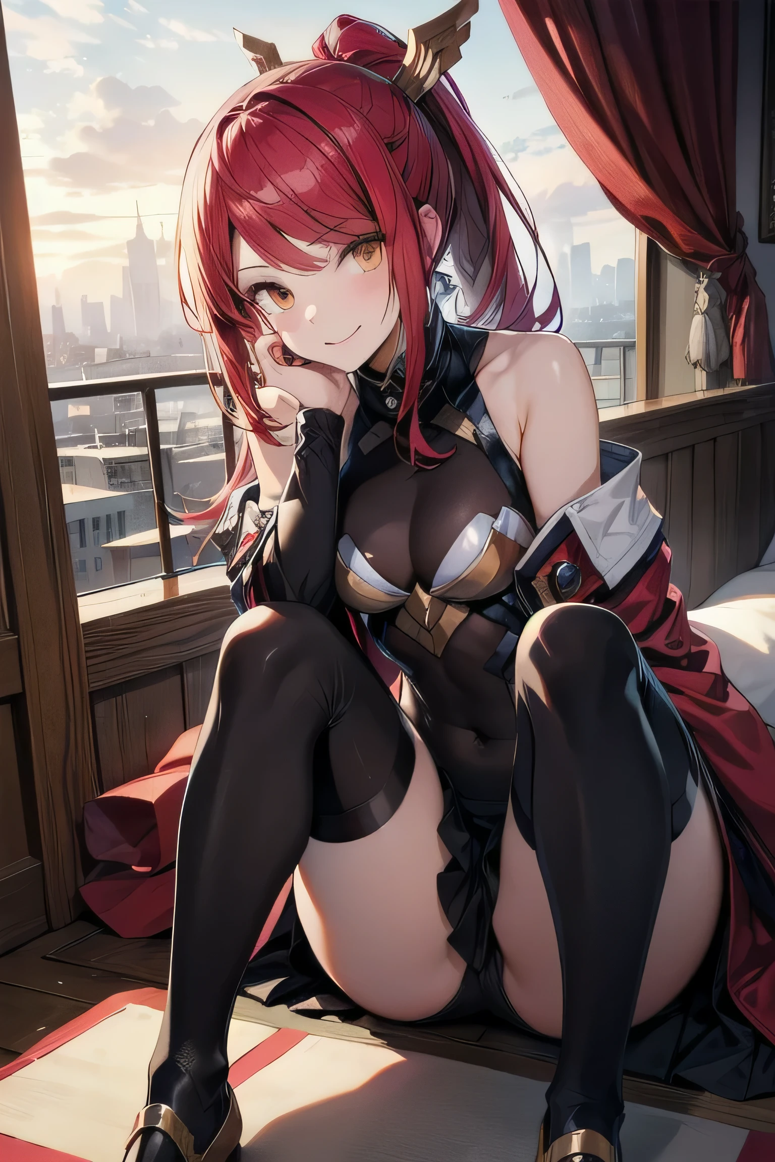 Izayoi (blazblue), orange eyes, red hair, ponytail, long hair, Small breasts, armor, bodysuit, boots, skin tight, skirt, thigh boots, thighhighs, 1girl, solo, facing viewer, looking at viewer, upper body, smile, sitting