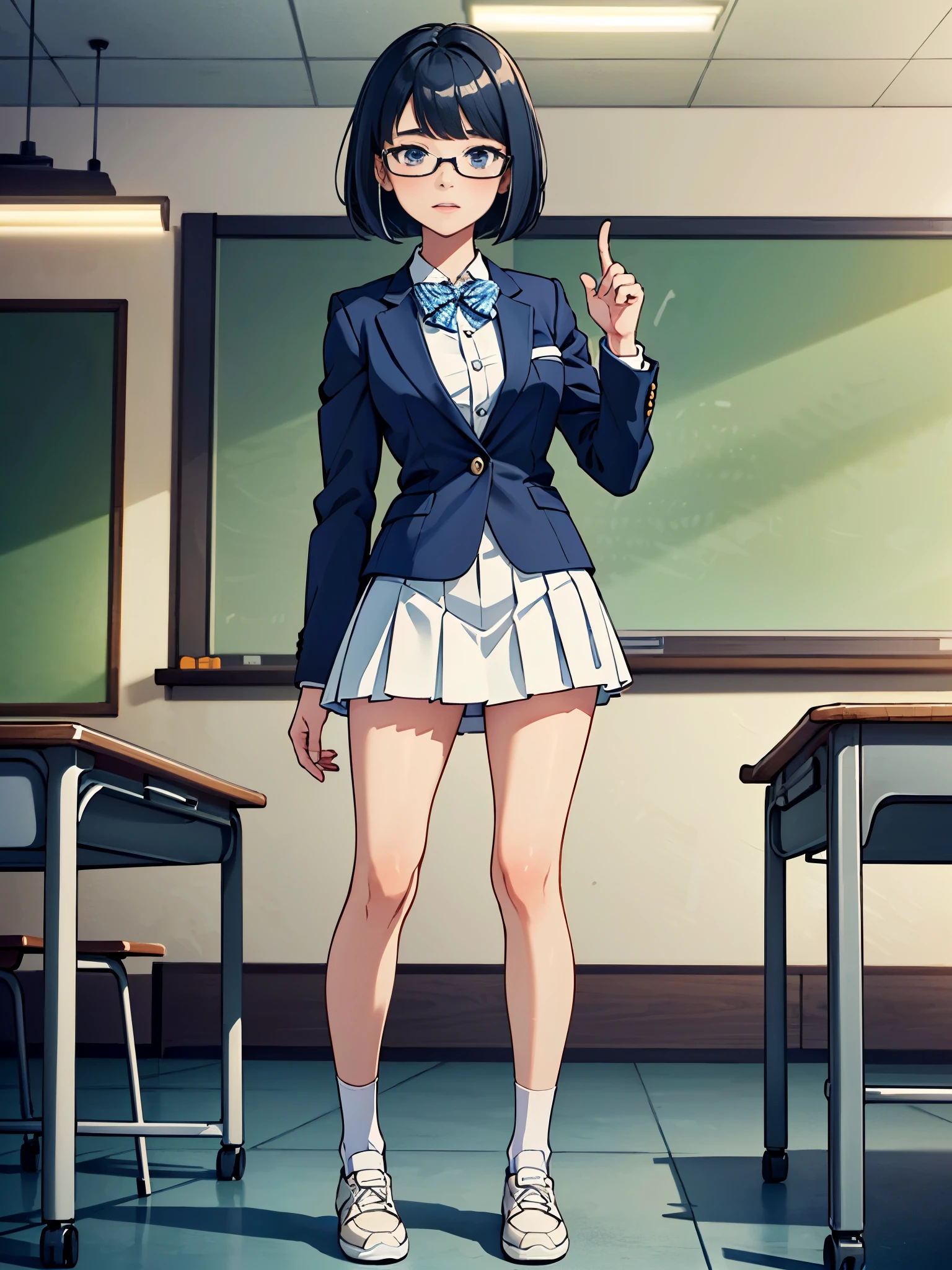 masterpiece, best quality, 1girl, solo, solo focus, brown shoes, matching shoes, white socks, matching socks, (blazer, blue blazer), (white skirt, pleated skirt, miniskirt), glasses (high school girl), standing, standing straight, school backdrop, dark blue hair, ((short hair, bob hair)), blue eyes, beautiful detailed eyes, beautiful detailed face, cute face, perfect hands, complete fingers, perfect anatomy, perfect proportions, relaxed, full body, cowboy shot, classroom