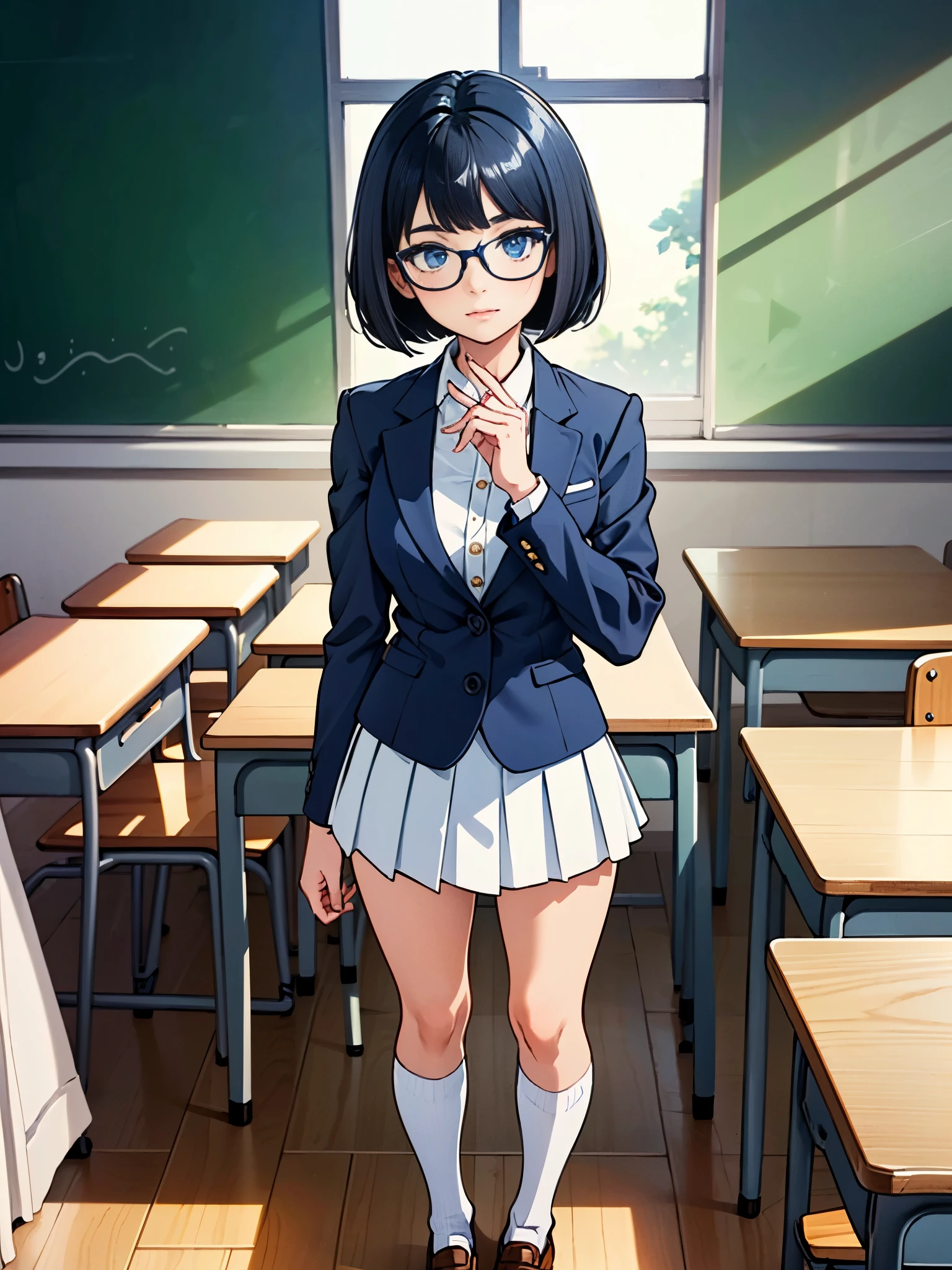 masterpiece, best quality, 1girl, solo, solo focus, brown shoes, matching shoes, white socks, matching socks, (blazer, blue blazer), (white skirt, pleated skirt, miniskirt), glasses (high school girl), standing, standing straight, school backdrop, dark blue hair, ((short hair, bob hair)), blue eyes, beautiful detailed eyes, beautiful detailed face, cute face, perfect hands, complete fingers, perfect anatomy, perfect proportions, relaxed, full body, cowboy shot, classroom