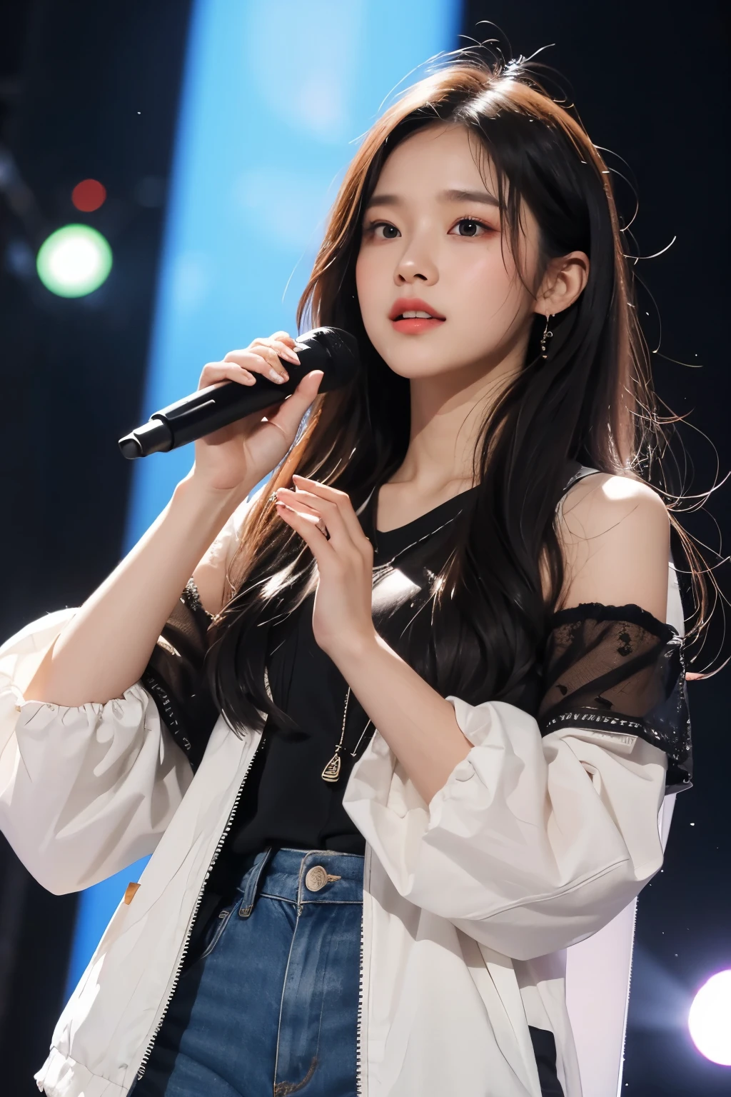 masterpiece, best quality, 8 thousand, 24 years old, photo beast, absurd, award-winning portraits, pure, korean beauty, spring, stage with electronic display, laces, cute, right, healthy, Beloved, perfect hands, A girl singing while holding a microphone in one hand, fluttering hair, Random Actions, 무작위 clothes, (clothes:random color),