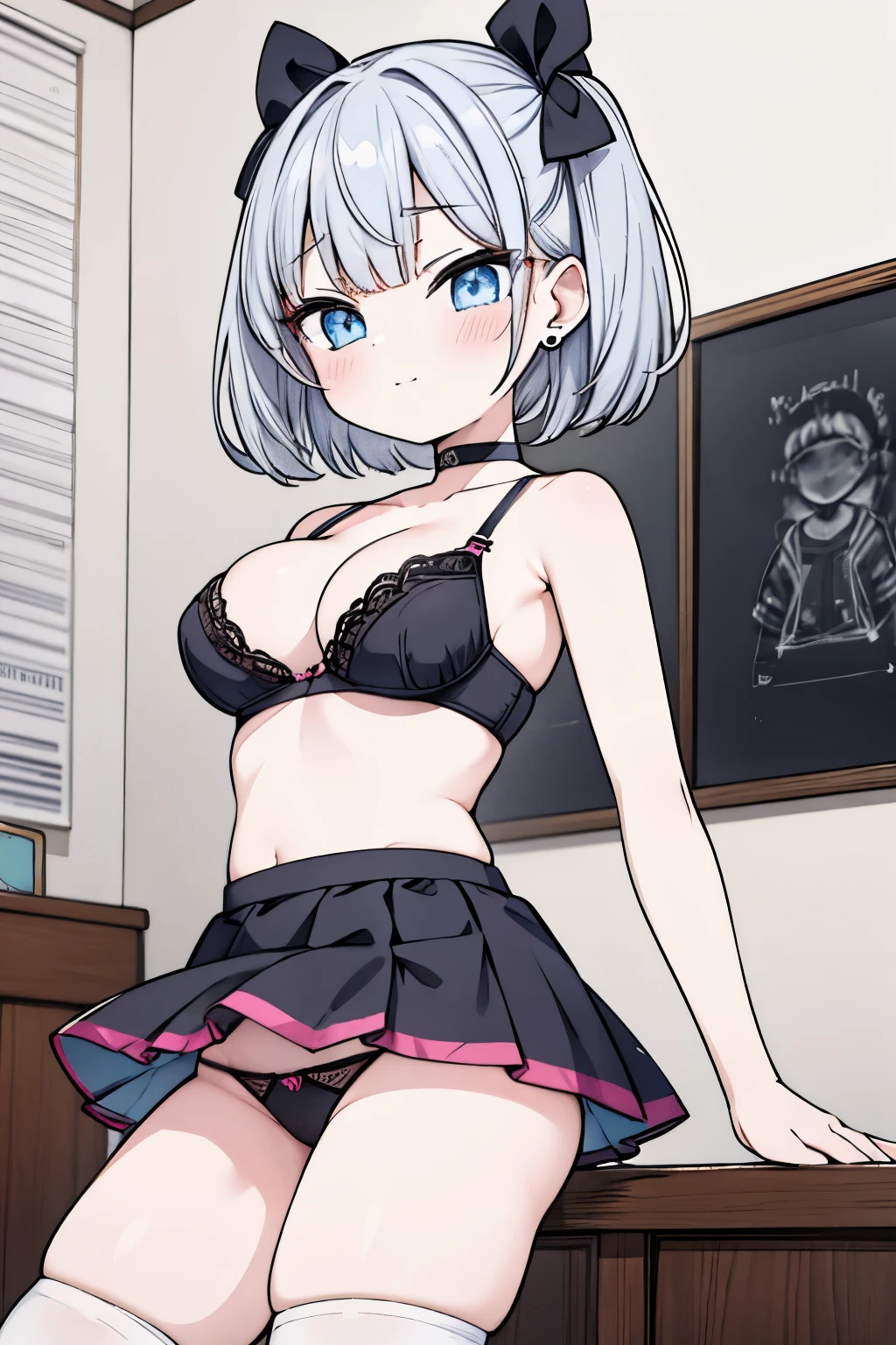 Mine series　Two Toneの髪　pink　black　G cup　skirt　Thighhighs　choker　ribbon　bob　masterpiece　highest quality　High resolution　blue eyes　short sleeve　blackい服　 big breasts　Two Tone　Show panties　bra　underwear　　Show bra　shame　earrings　shyness　blush　female brat　Silver　Erotic　sexual　adult　inner color