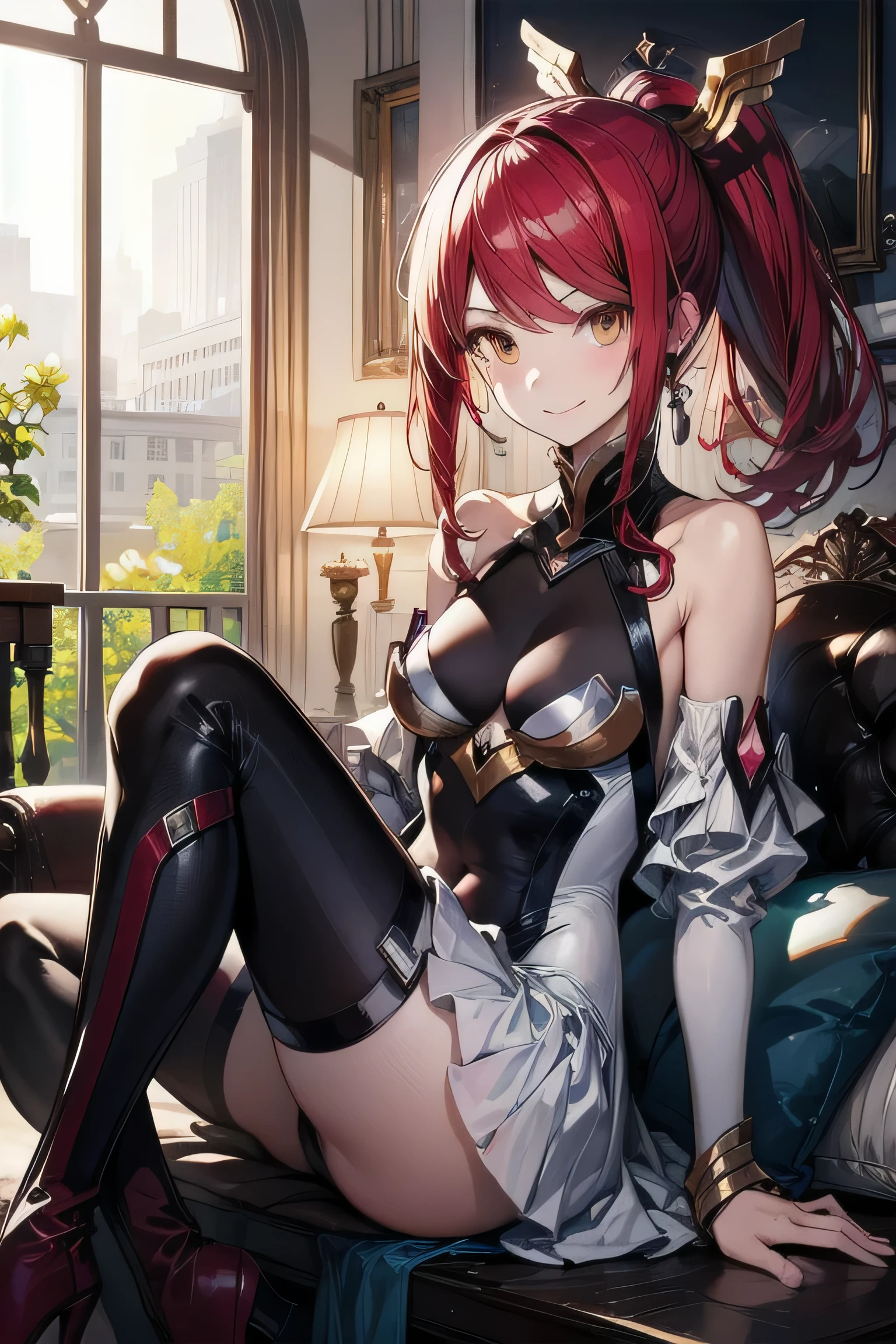 Izayoi (blazblue), orange eyes, red hair, ponytail, long hair, Small breasts, armor, bodysuit, boots, skin tight, skirt, thigh boots, thighhighs, 1girl, solo, facing viewer, looking at viewer, upper body, smile, sitting