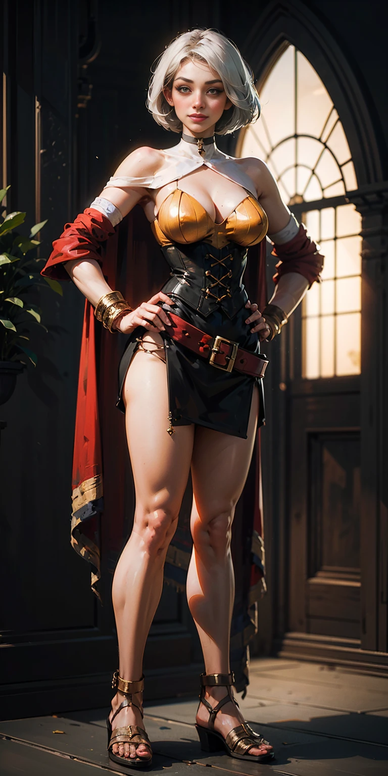 ((BLACK BACKGROUND,1:2, masterpiece)), full body MILF BIMBO standing with two long thighs and two metal sandals, red eyes, silver white hair, short bob style hair, big breasts, cleavage, separate sleeves, tiara royal, long cape up to two feet, yellow bikini, hands on waist, navel, lustful smirking smiling, smile face (red blushed, red cheeks), metal shoulders, gold sleeveless armbands, black leather choker slave collar, shackle bracelets, sex slave red crest, pauldrons, breastplate, corset, eye focus, full body, whole body. 1solo . slave fighter, loincloth standing, hands on hips, metal sandals, backpack, choker, big belt, view from below, feet together, bracers, tiara)