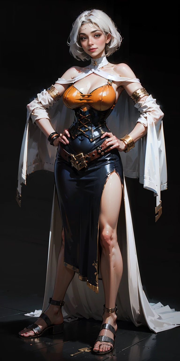 ((BLACK BACKGROUND,1:2, masterpiece)), full body MILF BIMBO standing with two long thighs and two high heels, red eyes, silver white hair, short bob style hair, big breasts, cleavage, separate sleeves, tiara royal, long cape up to two feet, yellow bikini, hands on waist, navel, lustful smirking smiling, smile face (red blushed, red cheeks), metal shoulders, gold sleeveless armbands, black leather choker slave collar, shackle bracelets, slave red crest, full body MILF BIMBO standing with two long thighs and two metal sandals, red eyes, silver white hair, short bob style hair, big breasts, cleavage, separate sleeves, tiara royal, long cape up to two feet, yellow bikini, tiger bikini stripes, hands on waist, navel, lustful smirking smiling, smile face (red blushed, red cheeks), metal shoulders, gold sleeveless armbands, black leather choker slave collar, shackle bracelets, slave red crest, pauldrons, breastplate, corset, eye focus, full body, whole body 1solo slave fighter, loincloth standing, hands on hips, metal sandals, backpack, choker, big belt around waist, view from below, feet together, bracers, tiara)