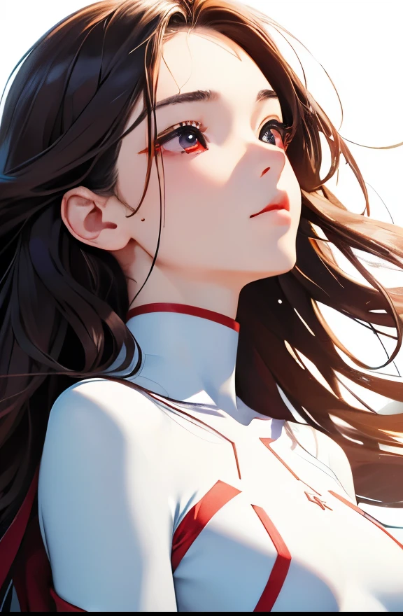 highest quality、realistic、Japanese、girl、zoom、look up、Rin々work、red eyes、long hair、chestnut hair、all back、The forehead is out、White Hero Suit、shiny bodysuit、action pose、Sweat、bust shot、slender、small breasts、