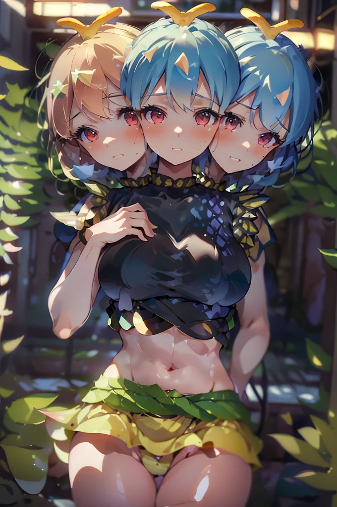 (masterpiece, best quality), best quality, (ultra-detailed), (3heads:1.5), 1girl, (eternity larva:1.3), masterpiece, best quality, ultra quality, ultra resolution, black top, crop top, ((stomach)), midriff, ((groin)), light green skirt, normal ears, ????????, short light hair, very long hair, wavy hair, peach-colored eyes, very detailed eyes, parted lips, single horn, sweat, cute, toned belly, hand on own ?????, eyelashes, (25 year old woman:1.3), (masterpiece:1.5), (best quality:1.5), (beautiful detailed), extremely detailed CG, extremely delicate and beautiful, depth of field, (finely detailed face), (perfect details:1.3), (mature female:1.3), wide pelvis, slender, large veiny ??????, 16k resolution, highres, high quality, high definition, extremely detailed, masterpiece, short light blue hair, long hair, alluring presence, braid, short skirt, close up, big ????, young, black and yellow wings, spotted with bits of blue and purple,