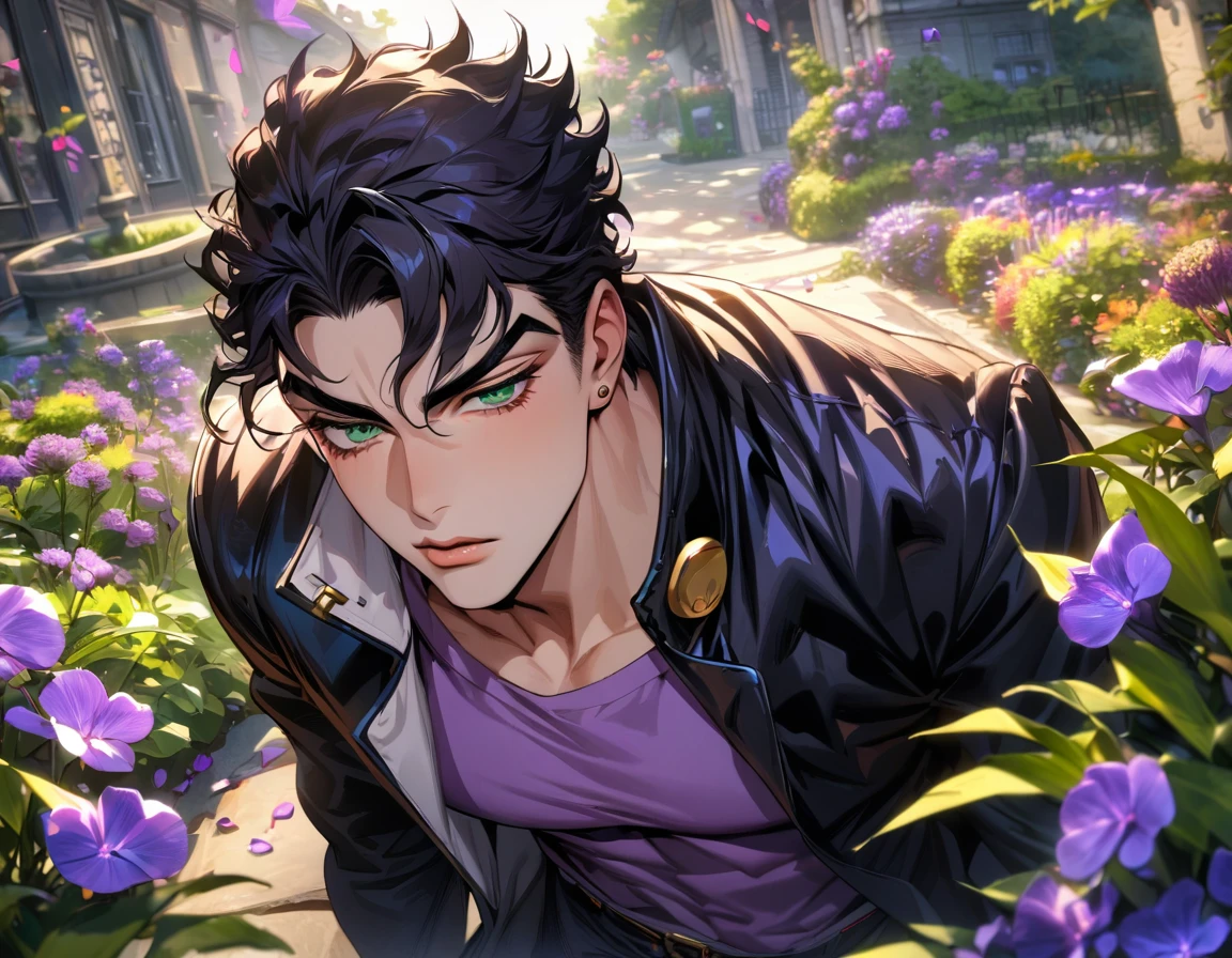 absurdres, highres, ultra detailed, HDR, masterpiece, Jotaro Kujo, black hair, expressive green eyes, jojo bizarre adventure, black leather coat, purple shirt, 1man, handsome, extremely detailed, garden, purple flowers, purple petals, purple butterflies