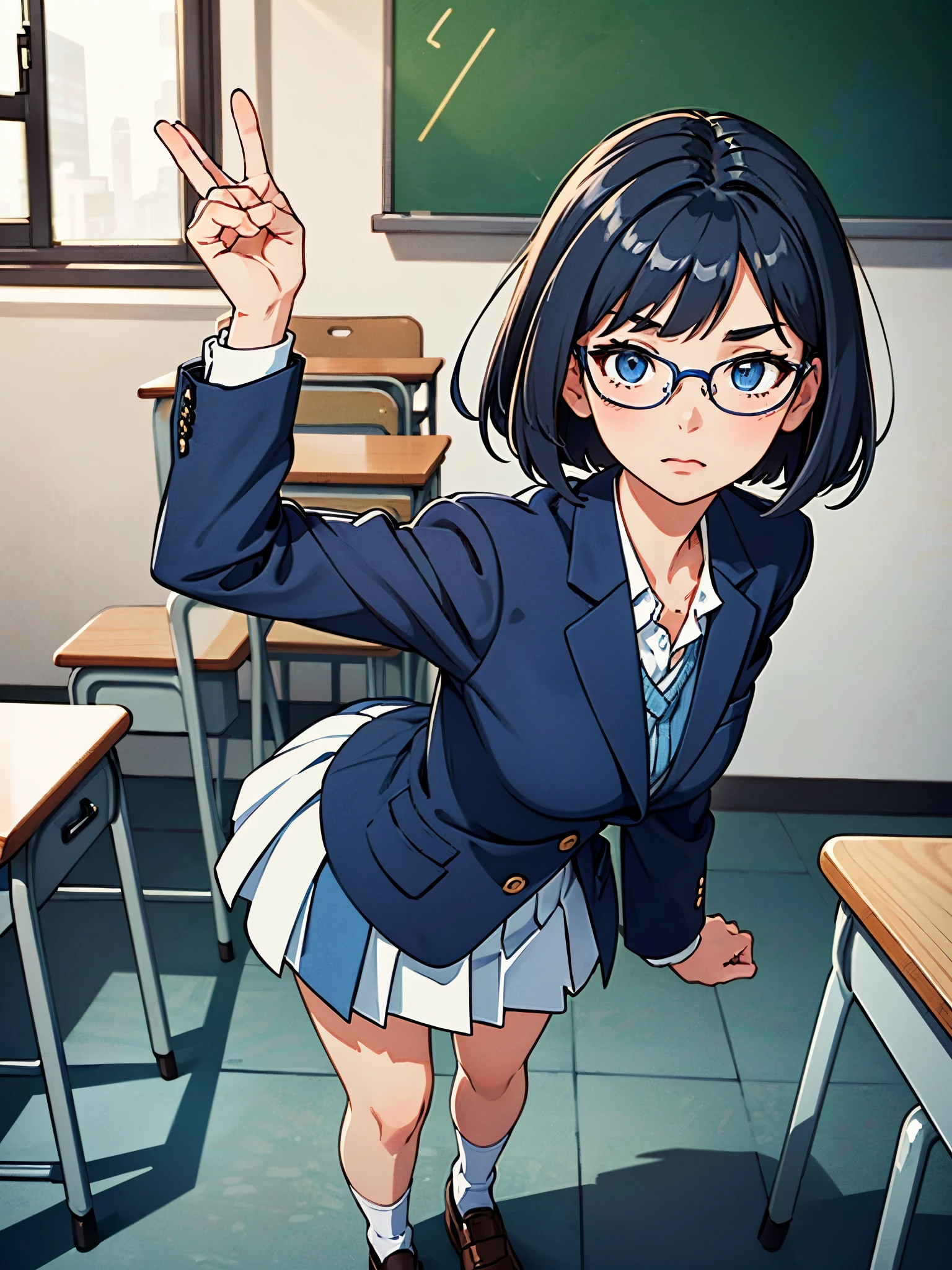 masterpiece, best quality, 1girl, solo, solo focus, brown shoes, matching shoes, white socks, matching socks, (blazer, blue blazer), (white skirt, pleated skirt, miniskirt), glasses (high school girl), standing, standing straight, school backdrop, dark blue hair, ((short hair, bob hair)), blue eyes, beautiful detailed eyes, beautiful detailed face, cute face, perfect hands, complete fingers, perfect anatomy, perfect proportions, relaxed, full body, cowboy shot, classroom