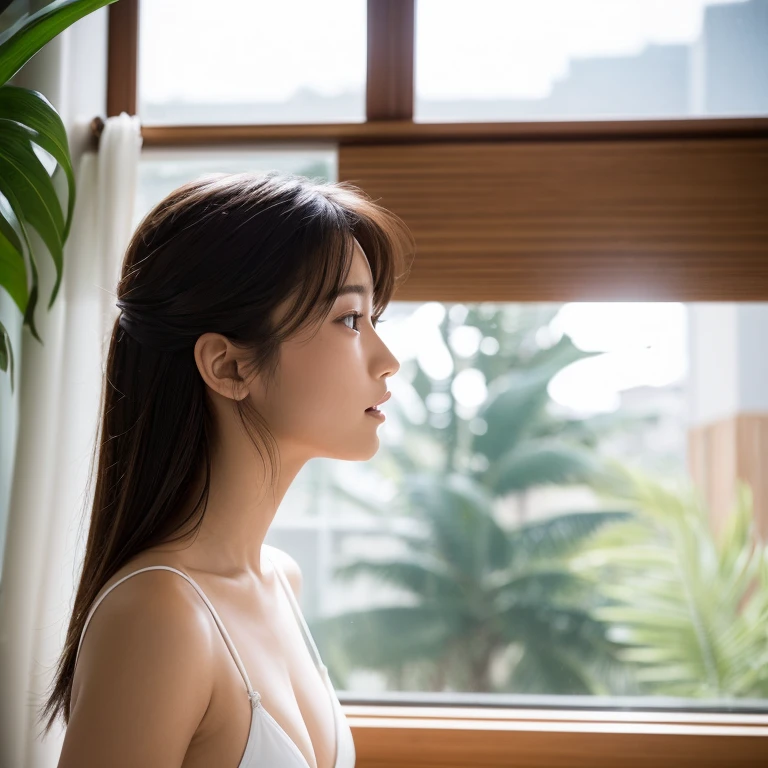 A profile view of a beautiful 18-year-old Japanese woman standing by the window in a white bikini swimsuit looking outside. Focal length 100mmf/2.8, spring, sunny, living room on the upper floor of a high-rise apartment, well-shaped face, small open mouth, gentle personality, delicate impression, toned body, transparent skin, ideal light source, white bikini Swimsuit, close-up of eyes, low angle, realistic feeling, 8K image quality, highest quality.