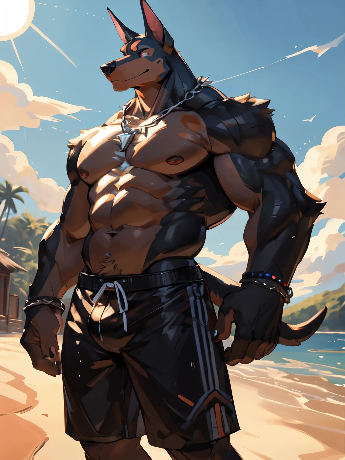 masterpiece, Anthropomorphic black dragon, white belly,There is a pair of beautiful dragon horns, black dragon scales,1 tail, very muscular body, nice, only shorts, beach,Lifeguard