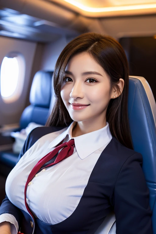 1 Woman, ((alone)), Young Woman, Very Detailed Face, Lip Detail, Fine Eyes, Double Eyelids, (Dark Bobbed Hair), (Stewardess Uniform:1.2), (Glamorous Body), (Huge Breasts), Light Smile, Thigh, (Standing), Miniskirt, Full Length, Fit, Perfect Image Realism, Background available: (On Luxury Plane:1.3), Cowboy shot, Detailed background, Fine details in costume, Perfect lighting, Hyper realism, (Photorealistic:1.4), 8K max. resolution, (Masterpiece), Very detailed, Professional
