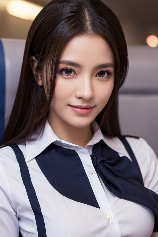 1 Woman, ((alone)), Young Woman, Very Detailed Face, Lip Detail, Fine Eyes, Double Eyelids, (Dark Bobbed Hair), (Stewardess Uniform:1.2), (Glamorous Body), (Huge Breasts), Light Smile, Thigh, (Standing), Miniskirt, Full Length, Fit, Perfect Image Realism, Background available: (On Luxury Plane:1.3), Cowboy shot, Detailed background, Fine details in costume, Perfect lighting, Hyper realism, (Photorealistic:1.4), 8K max. resolution, (Masterpiece), Very detailed, Professional