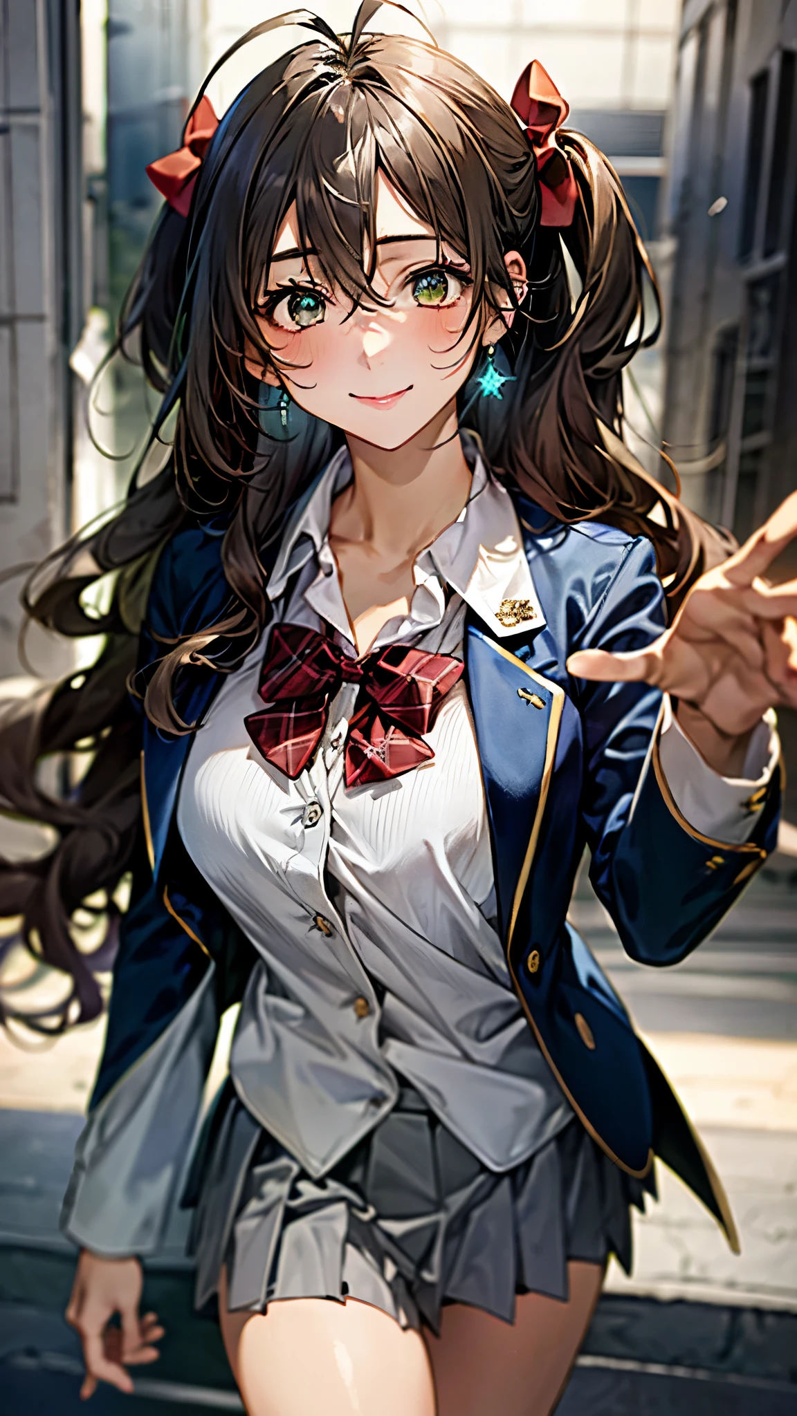 (masterpiece:1.3, top-quality, ultra high res, ultra detailed), (realistic, photorealistic:1.4), beautiful illustration, perfect lighting, natural lighting, colorful, depth of fields, surrealism,
beautiful detailed hair, beautiful detailed face, beautiful detailed eyes, beautiful clavicle, beautiful body, beautiful chest, beautiful thigh, beautiful legs, beautiful fingers,
looking at viewer, 1 girl, japanese, high school girl, (perfect anatomy, anatomically correct), cute and symmetrical face, face, perfect face, perfect eyes, shiny skin, slender,
(long hair:1.7, wavy hair:0.8, brown hair), antenna hair, hair between eyes, emerald green eyes, long eye lasher, (large breasts:0.8, seductive thighs),
(((long sleeve blue gray blazer), light gray vest , light gray box pleated skirt, red bow tie)),
(beautiful scenery), summer, evening, (school), waving right hand, (lovely smile, upper eyes),