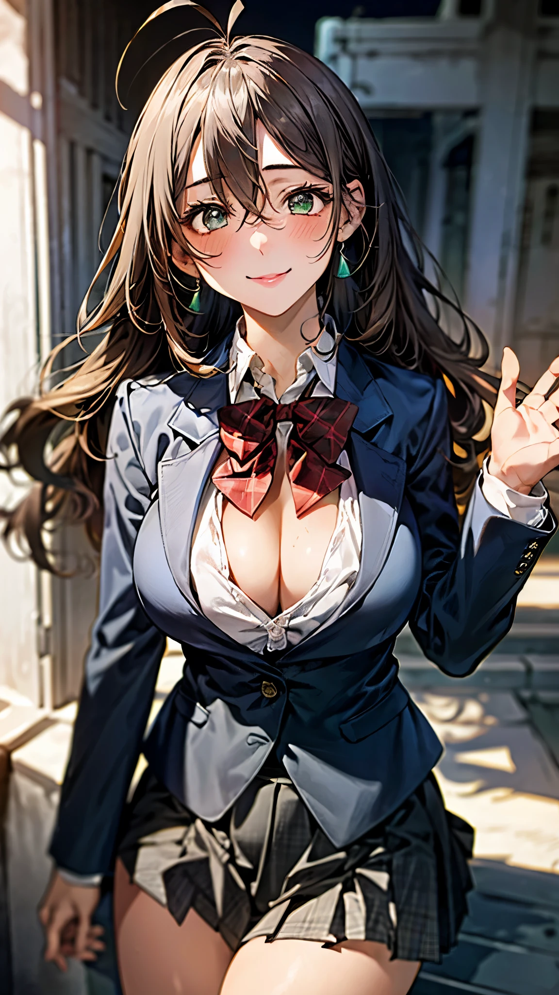 (masterpiece:1.3, top-quality, ultra high res, ultra detailed), (realistic, photorealistic:1.4), beautiful illustration, perfect lighting, natural lighting, colorful, depth of fields, surrealism,
beautiful detailed hair, beautiful detailed face, beautiful detailed eyes, beautiful clavicle, beautiful body, beautiful chest, beautiful thigh, beautiful legs, beautiful fingers,
looking at viewer, 1 girl, japanese, high school girl, (perfect anatomy, anatomically correct), cute and symmetrical face, babyface, perfect face, perfect eyes, shiny skin, slender,
(long hair:1.7, wavy hair:0.8, brown hair), antenna hair, hair between eyes, emerald green eyes, long eye lasher, (large breasts:0.8, seductive thighs),
(((long sleeve blue gray blazer), light gray vest , light gray box pleated skirt, red bow tie)),
(beautiful scenery), summer, evening, (school), waving right hand, (lovely smile, upper eyes),