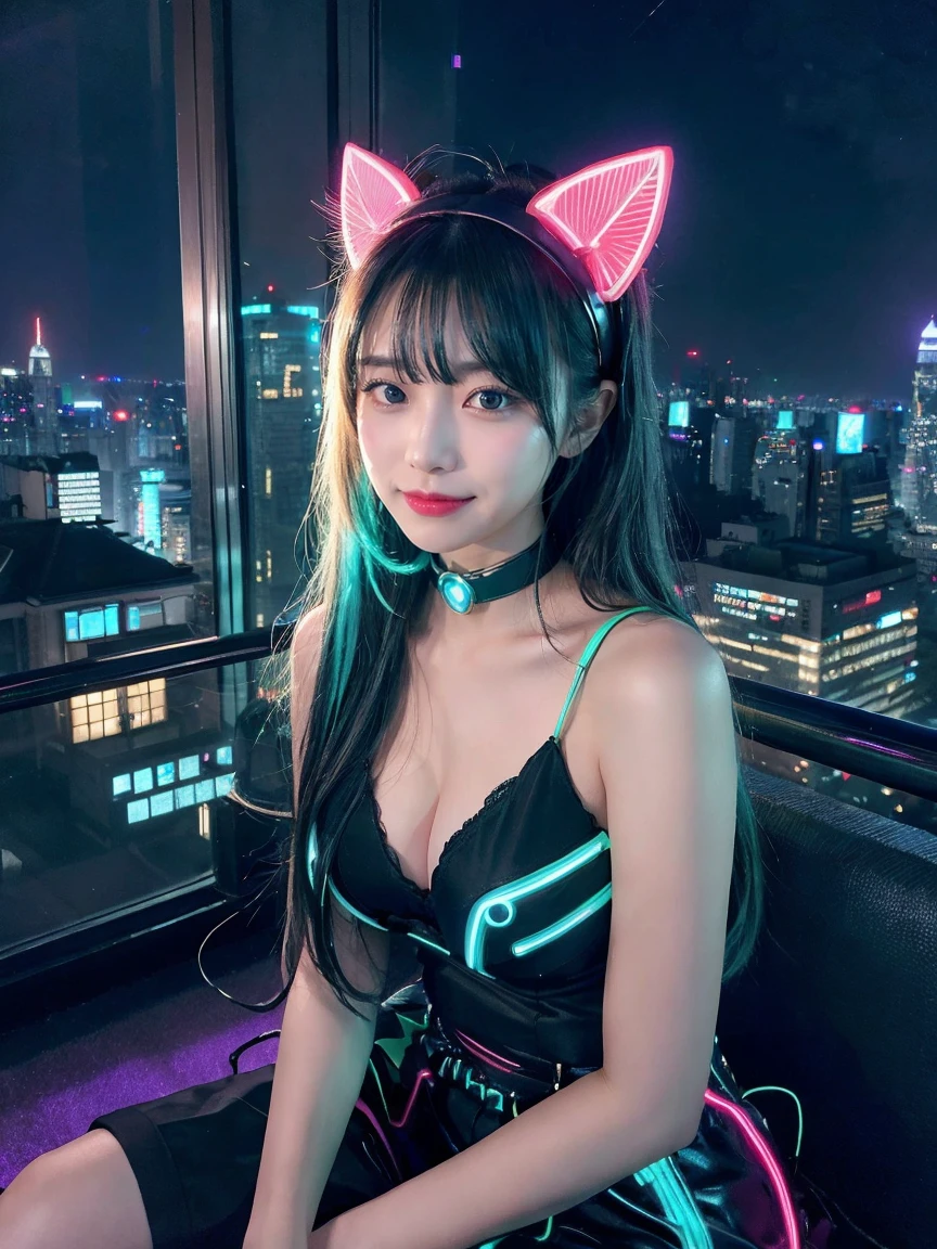 最high quality, masterpiece, 32k、Super detailed、realistic、1 girl, japanese woman、cute face, (photo actual:1.3), edge lighting, (high detail skin:1.2), 8K超High resolution, Single-lens reflex camera, high quality, High resolution, 4k, 8K, Optimal ratio of 4 fingers to 1 thumb, (actual:1.3), Green and blue neon cat ears headband、cute 1 girl, A sloppy smile、shy look、realistic、Super realistic、32k、Super detailed、masterpiece, 最high quality, beautiful girl, beauty、small breasts, Mecha, beautiful lighting, (neon light:1.2), (night:1.5), Cyberpunk Costume、sitting,Cyber Neon、future city、Skyscraper、都会のnight、Shanghai、big city、night景、綺麗なnight景