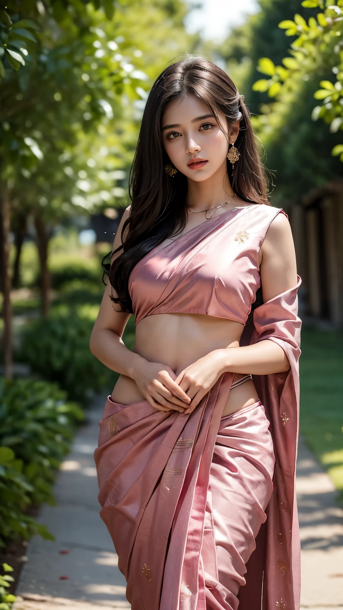 (Masterpiece:1.4), perfect figure, 22 years beautiful Girl, natural skin, wearing stunning Pink saree, charming black silky hair, greenary village background, bokeh, young body, 64k, super round young perfect breasts under the saree, 