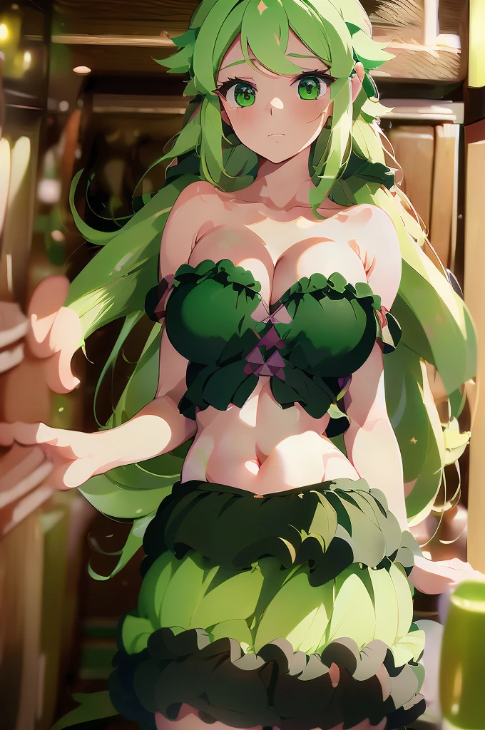 (masterpiece, best quality), best quality, best resolution, (ultra-detailed), (3heads:1.5), 1girl, (fuma mishandra:1.3), masterpiece, best quality, ultra quality, ultra resolution, ultra detail, black top, crop top, ((stomach)), midriff, ((groin)), black skirt, miniskirt, normal ears, shackles, green hair, very long hair, wavy hair, sidelocks, green eyes, parted lips, open belly, sweat, cute, toned belly, hand on own chest, eyelashes, (24 year old woman:1.3), (masterpiece:1.5), (best quality:1.5), (beautiful detailed), extremely detailed CG, extremely delicate and beautiful, depth of field, (finely detailed face), (perfect details:1.2), (mature female:1.3), wide pelvis, slender, large veiny breast, 16k resolution, highres, high quality, high definition, extremely detailed, masterpiece, green hair, long hair, alluring presence, twin braid, short skirt, close up, big tits, young, girl with three heads,