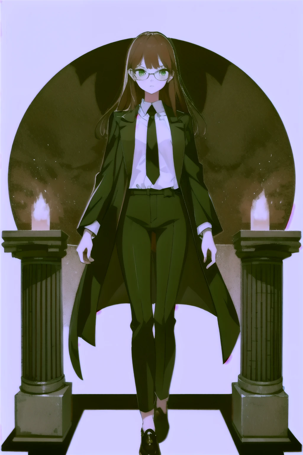 8K デリケートパーフェクトリアル 2D whole body写真、through background、white background、To the tips of the shoes、black suit jacket、white shirt、tie、Black pantsuit、whole body、serious、bare hands、young woman 、Slender、brown hair、long hair、With parting、green eyes、Glasses、 delicate face, She is shining