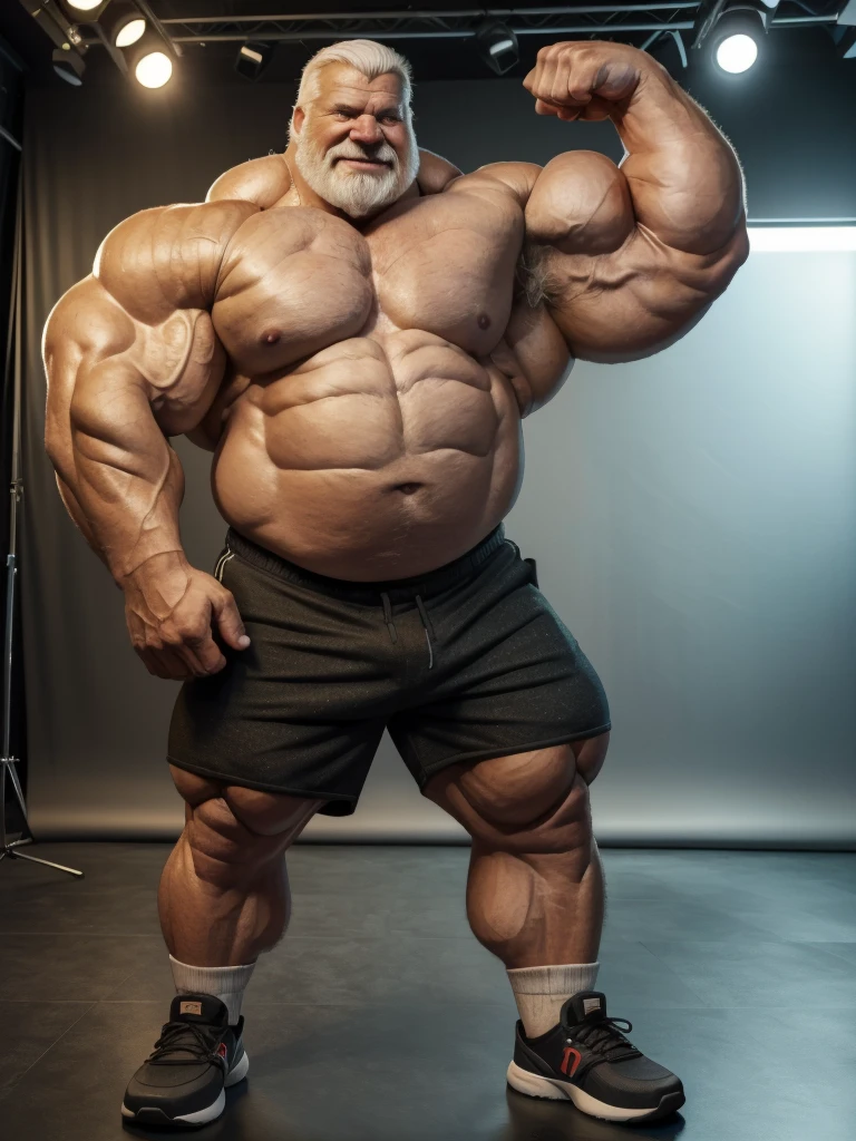 (best quality,4k,8k,highres,masterpiece:1.2),ultra-detailed,(realistic,photorealistic,photo-realistic:1.37),((massive muscular)) ((huge Muscular)) chubby old man standing in photo studio, simple background, flexing muscle, shorts and shoes, white hair, super thick arms, super big pectoral, super wide pectoral, topless, shirtless
