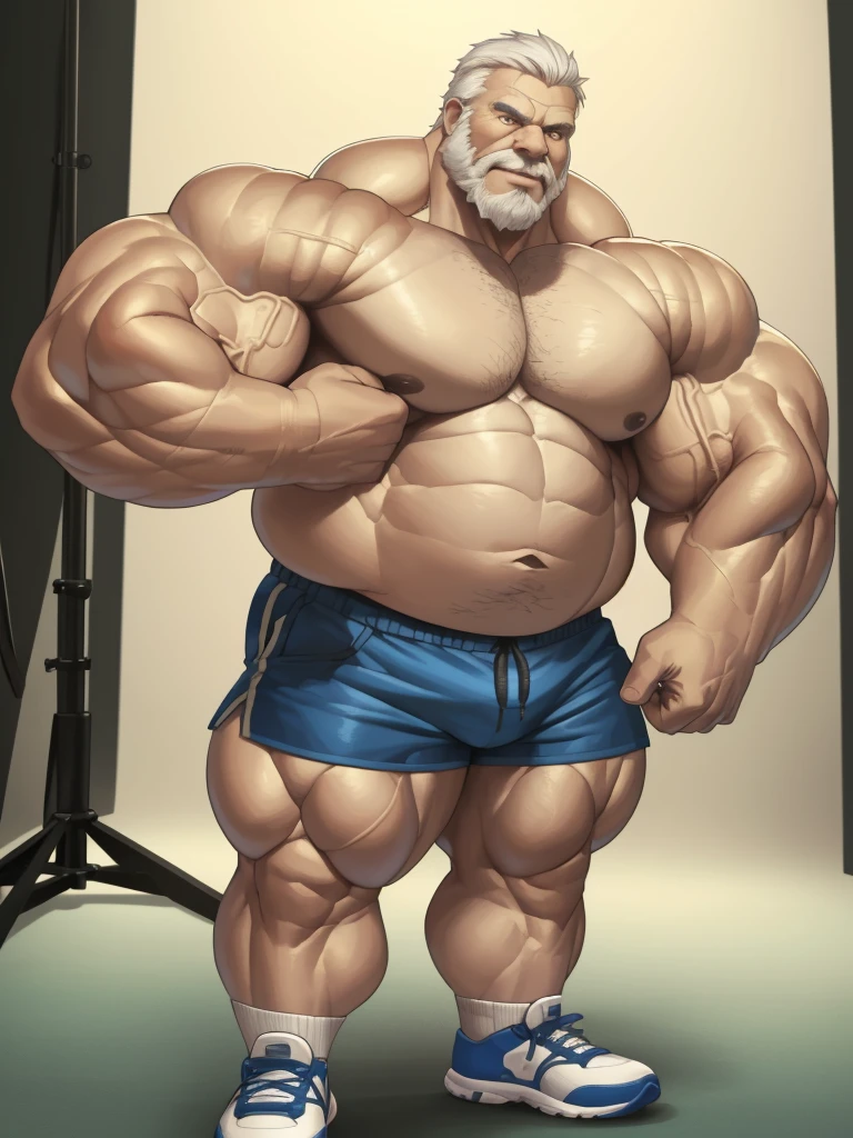 (best quality,4k,8k,highres,masterpiece:1.2),ultra-detailed,(realistic,photorealistic,photo-realistic:1.37),((massive muscular)) ((huge Muscular)) chubby old man standing in photo studio, simple background, flexing muscle, shorts and shoes, white hair, super thick arms, super big pectoral, super wide pectoral, topless, shirtless