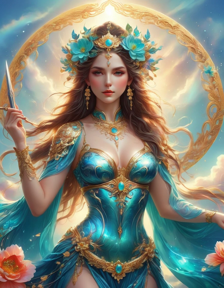 There was a beautiful lady holding a sword, fair and smooth skin, Flowers bloom, It is beautiful and delicate, Gold ornaments, turquoise decoration, Various gemstones, no clothes, Beautiful flowers, goddess, extremely high detail, Very detailed shot of the goddess, Extremely detailed flower goddess, blue sky, Character background with light rainbow halo, Psychedelic Goddess, Goddess Art, Beautiful digital artwork, beautiful goddess, first-person view, pov, cowboy shot, UHD, masterpiece, ccurate, anatomically correct, textured skin, super detail, best quality, 8k