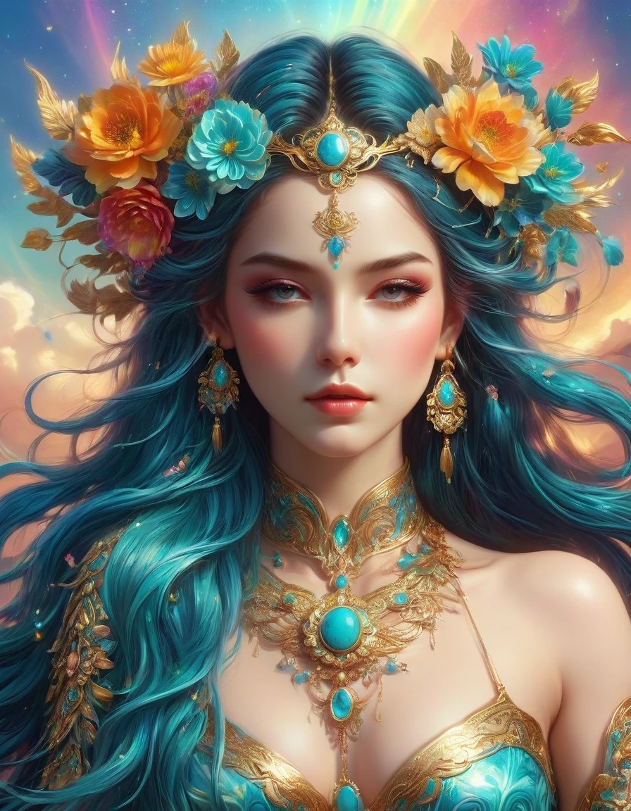 There was a beautiful lady holding a sword, fair and smooth skin, Flowers bloom, It is beautiful and delicate, Gold ornaments, turquoise decoration, Various gemstones, no clothes, Beautiful flowers, goddess, extremely high detail, Very detailed shot of the goddess, Extremely detailed flower goddess, blue sky, Character background with light rainbow halo, Psychedelic Goddess, Goddess Art, Beautiful digital artwork, beautiful goddess, first-person view, pov, cowboy shot, UHD, masterpiece, ccurate, anatomically correct, textured skin, super detail, best quality, 8k