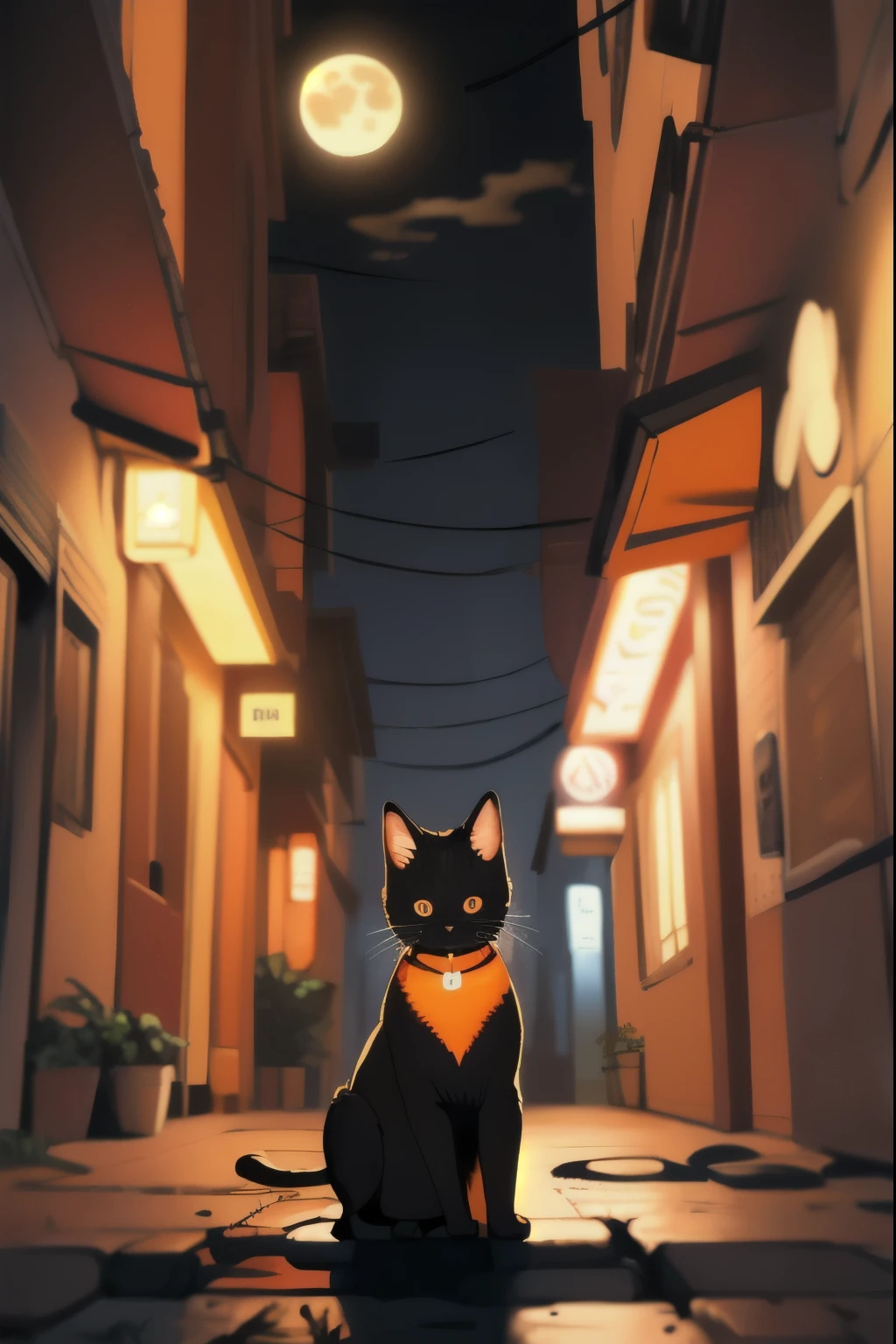 cat,orange,cute,big eyes,masterpiece,full moon,alley