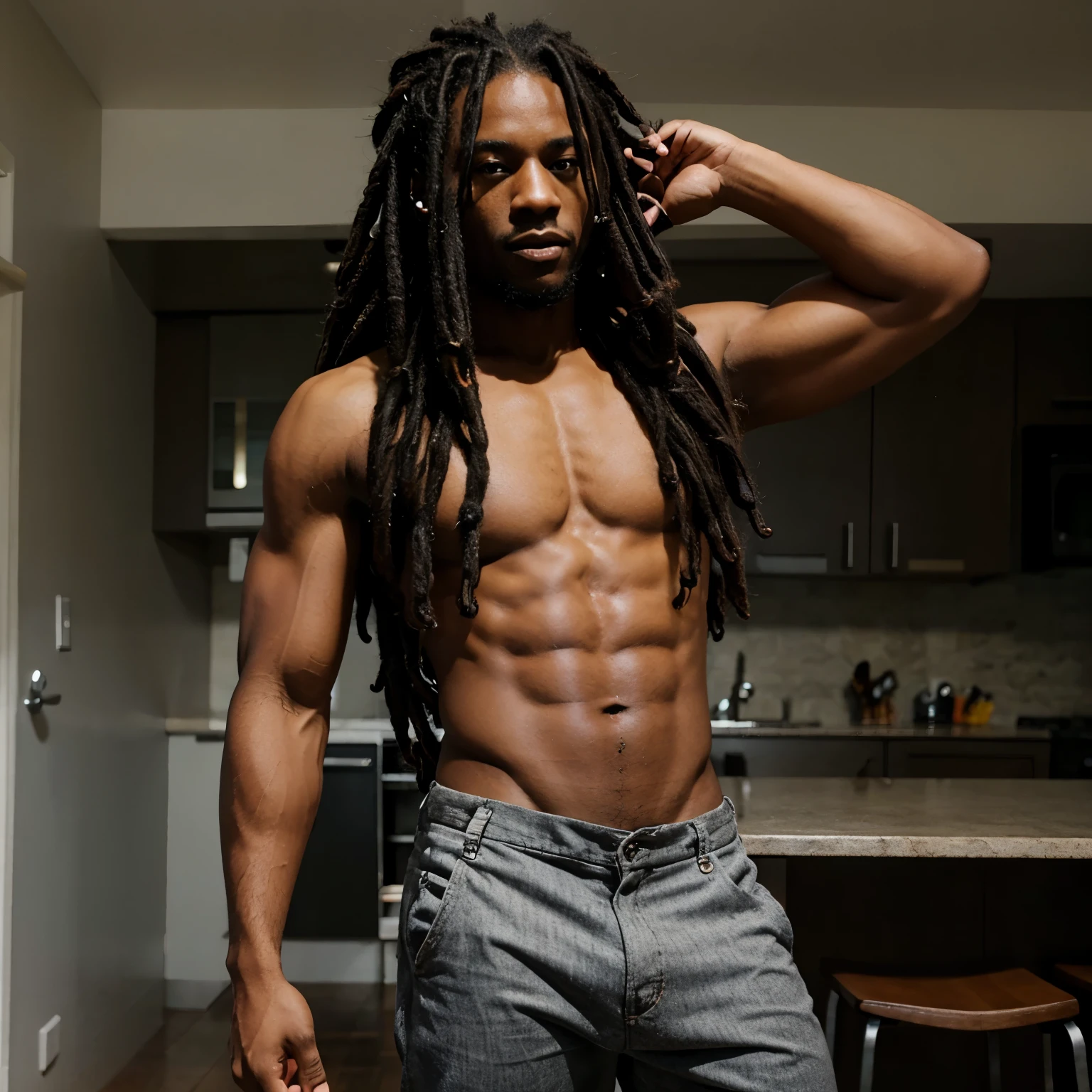 Black guy with dreads and abs with no shirt 