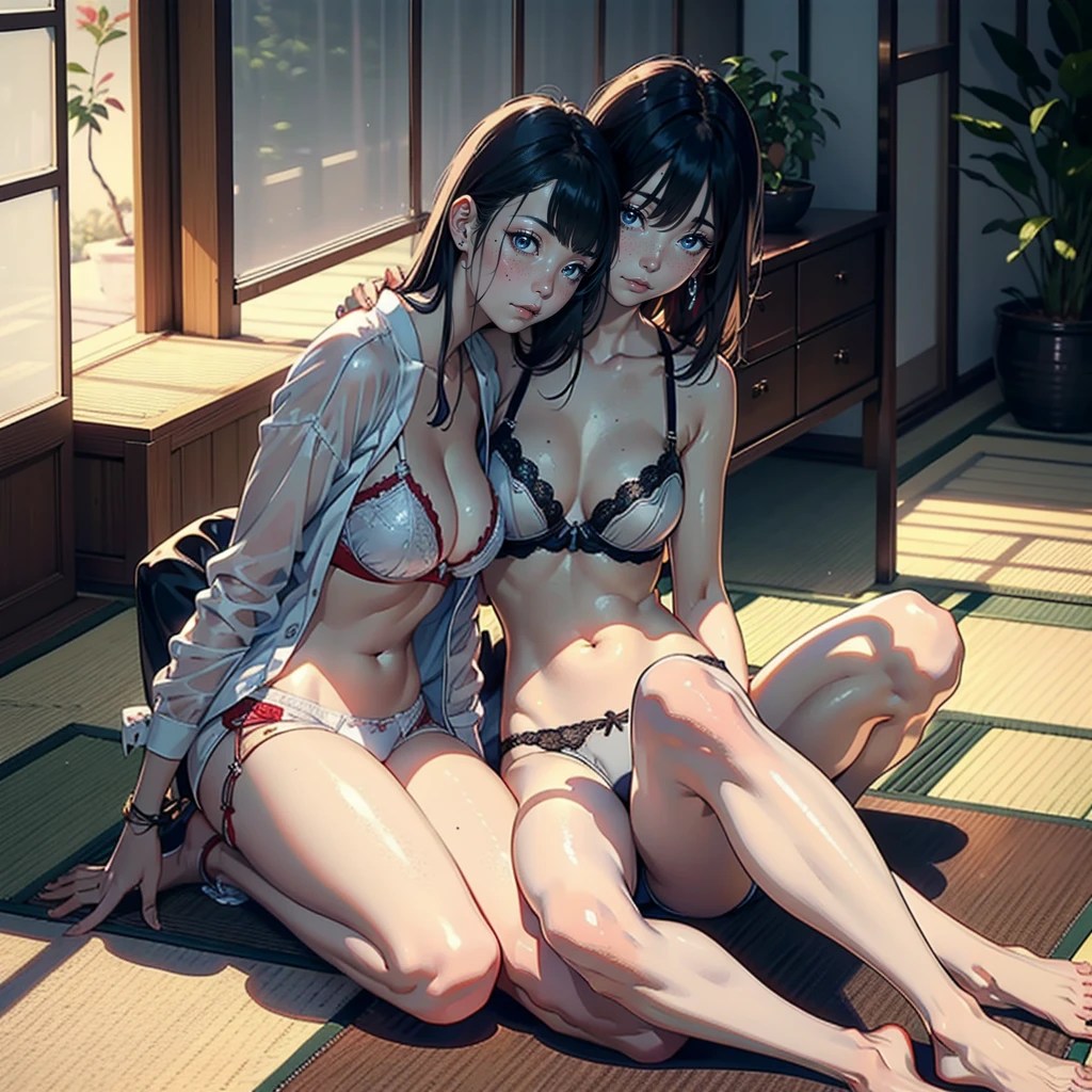 A dark-haired Japanese woman sitting on the floor with a woman wearing red underwear, A fifty-year-old Japanese woman wearing white underwear, Japanese women 2 people, realistic young gravure idol, Young beautiful gravure idol, 8K)), 若いsensualグラビアアイドル, Glossy skin!!, shiny silver, Mole under left eye,Cute freckles on the cheeks,((beautiful skin)),((skin texture)),((Real Touch)),healthy, Ruddy, looking at camera,emphasized thighs,beautiful clavicle,(Embellished Detail Bra,sensual )