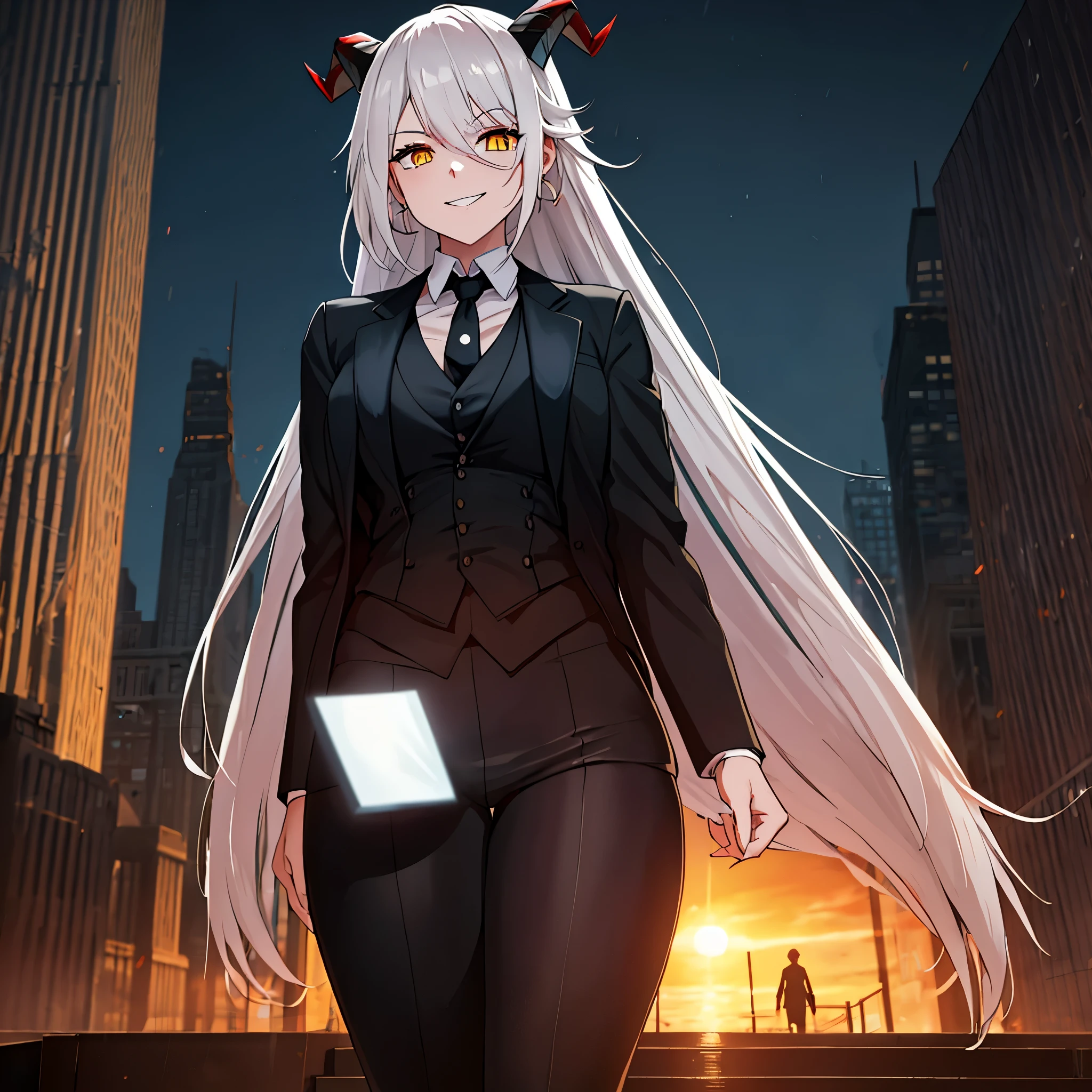 A woman wearing a black suit, white t-shirt inside the suit, white tie, tight black pants, black top hat, horns, walking through a city at sunset, forest in the background, smiling, silver hair, red bangs, yellow eyes, smiling , HDR, ultra resolution, sharp, masterpiece, 8K HD, (just a girl, solo)