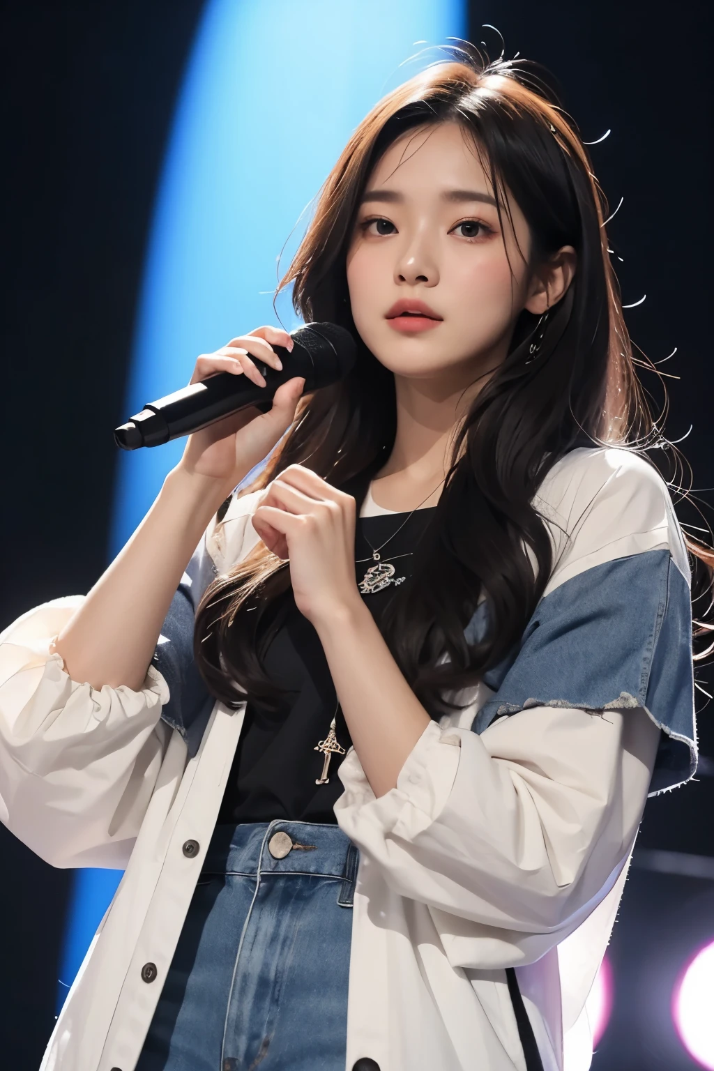 masterpiece, best quality, 8 thousand, 24 years old, photo beast, absurd, award-winning portraits, pure, korean beauty, spring, stage with electronic display, laces, cute, right, healthy, Beloved, perfect hands, A girl singing while holding a microphone in one hand, fluttering hair, Random Actions, 무작위 clothes, (clothes:random color),