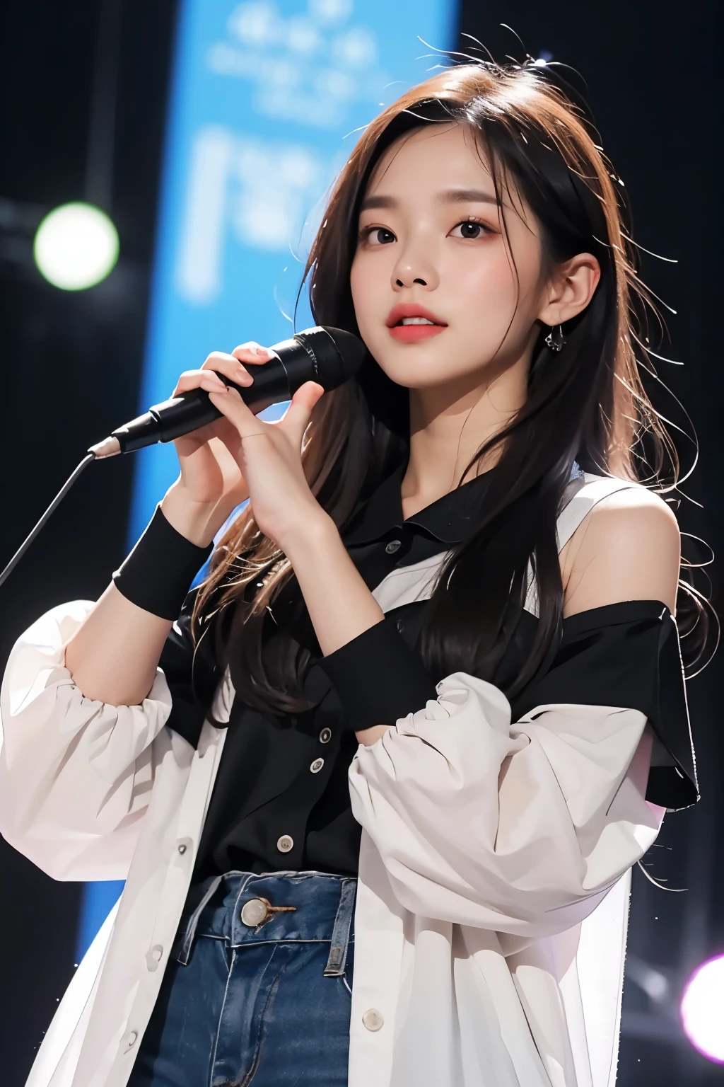 masterpiece, best quality, 8 thousand, 24 years old, photo beast, absurd, award-winning portraits, pure, korean beauty, spring, stage with electronic display, laces, cute, right, healthy, Beloved, perfect hands, A girl singing while holding a microphone in one hand, fluttering hair, Random Actions, 무작위 clothes, (clothes:random color),